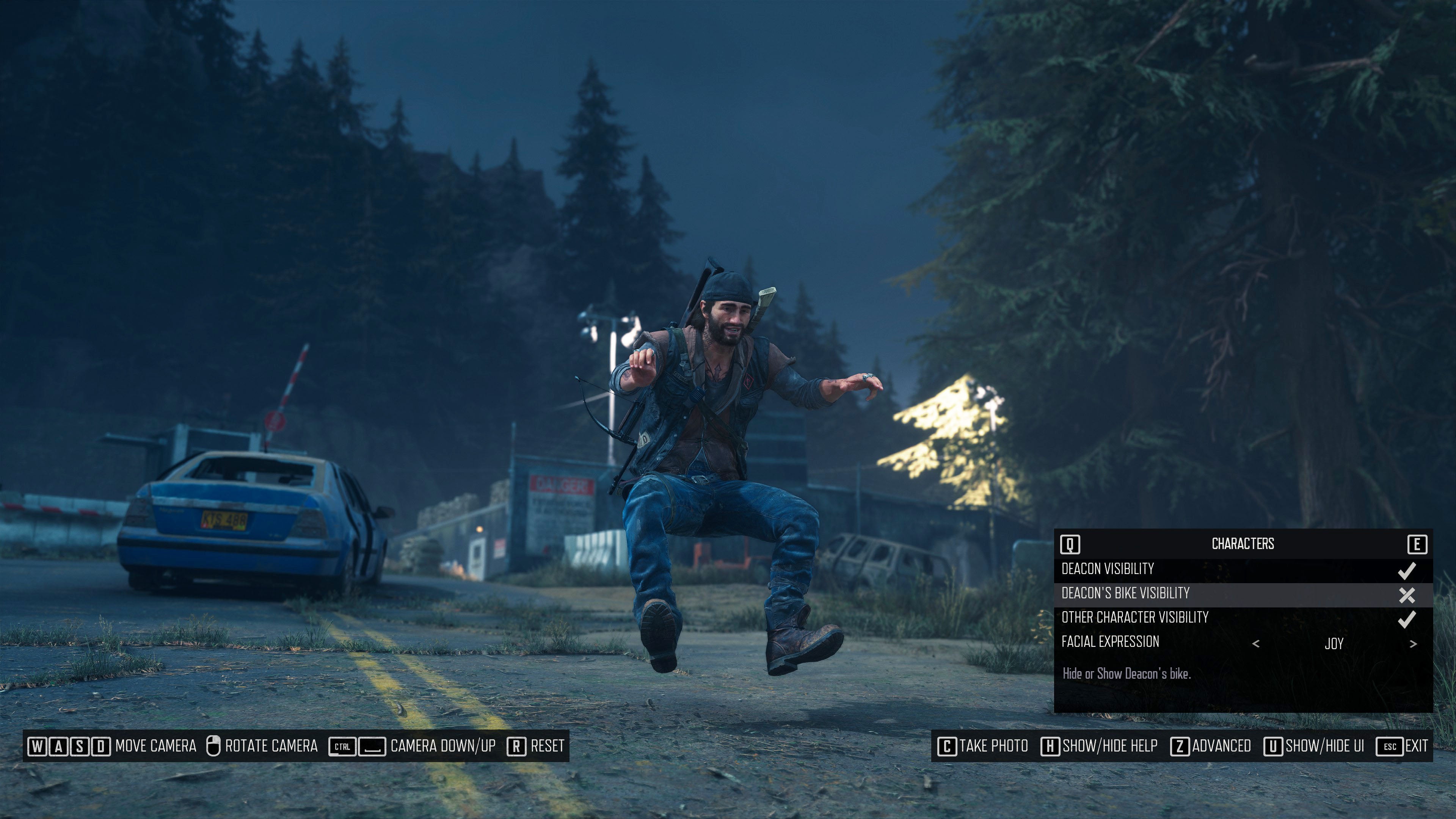 A screenshot of Days Gone's photo mode showing Deacon's bike visibility disabled