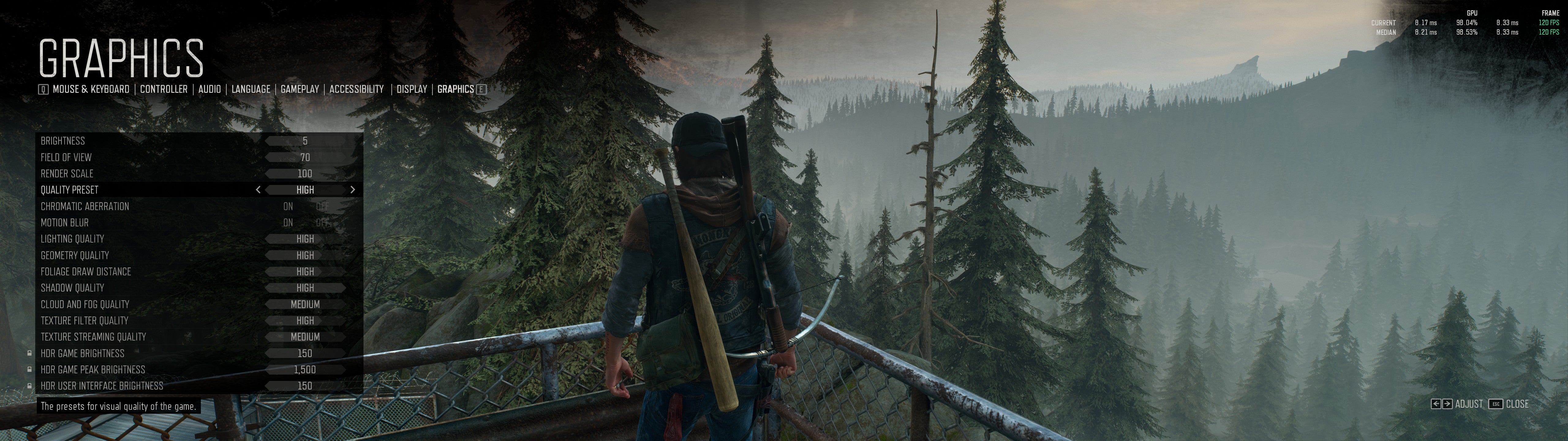 Days Gone's PC graphics menu showing the game using the High quality preset