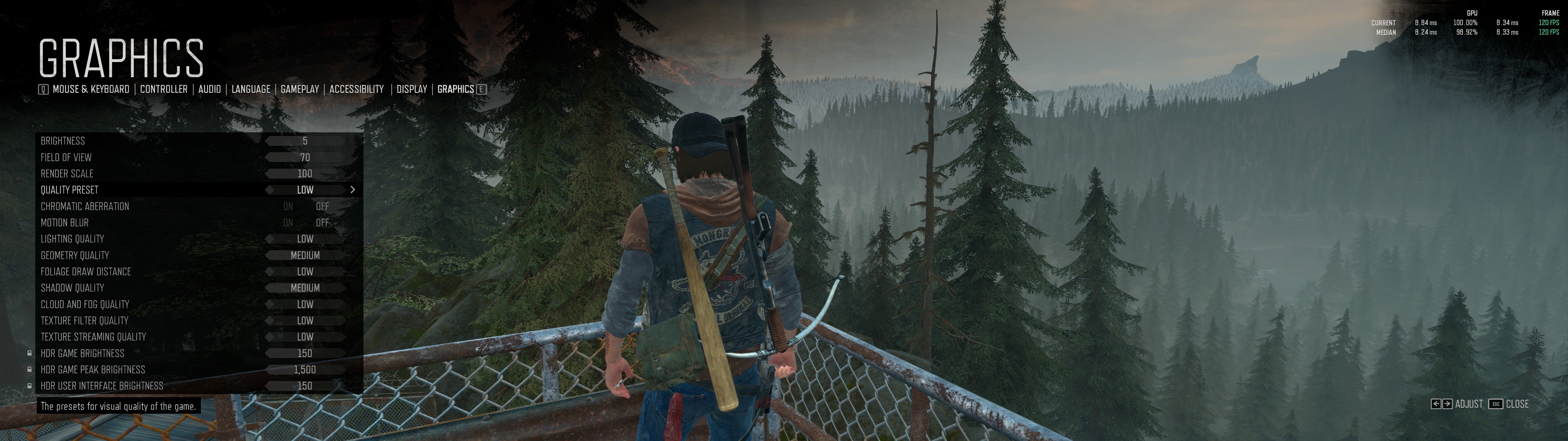 Days Gone's PC graphics menu showing the game using the Low quality preset