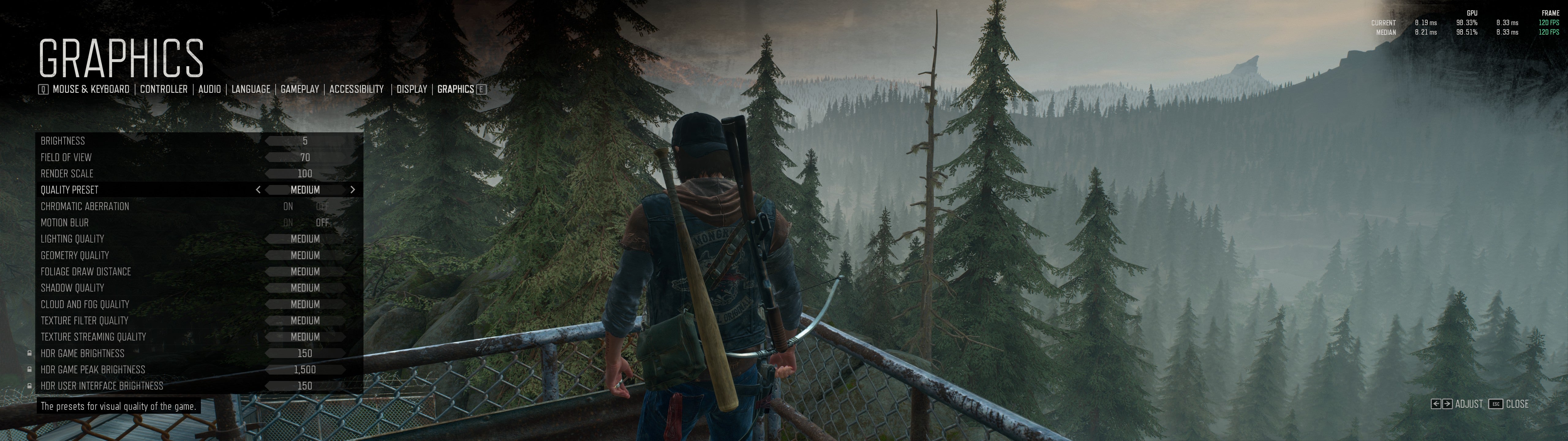 Days Gone's PC graphics menu showing the game using the Medium quality preset