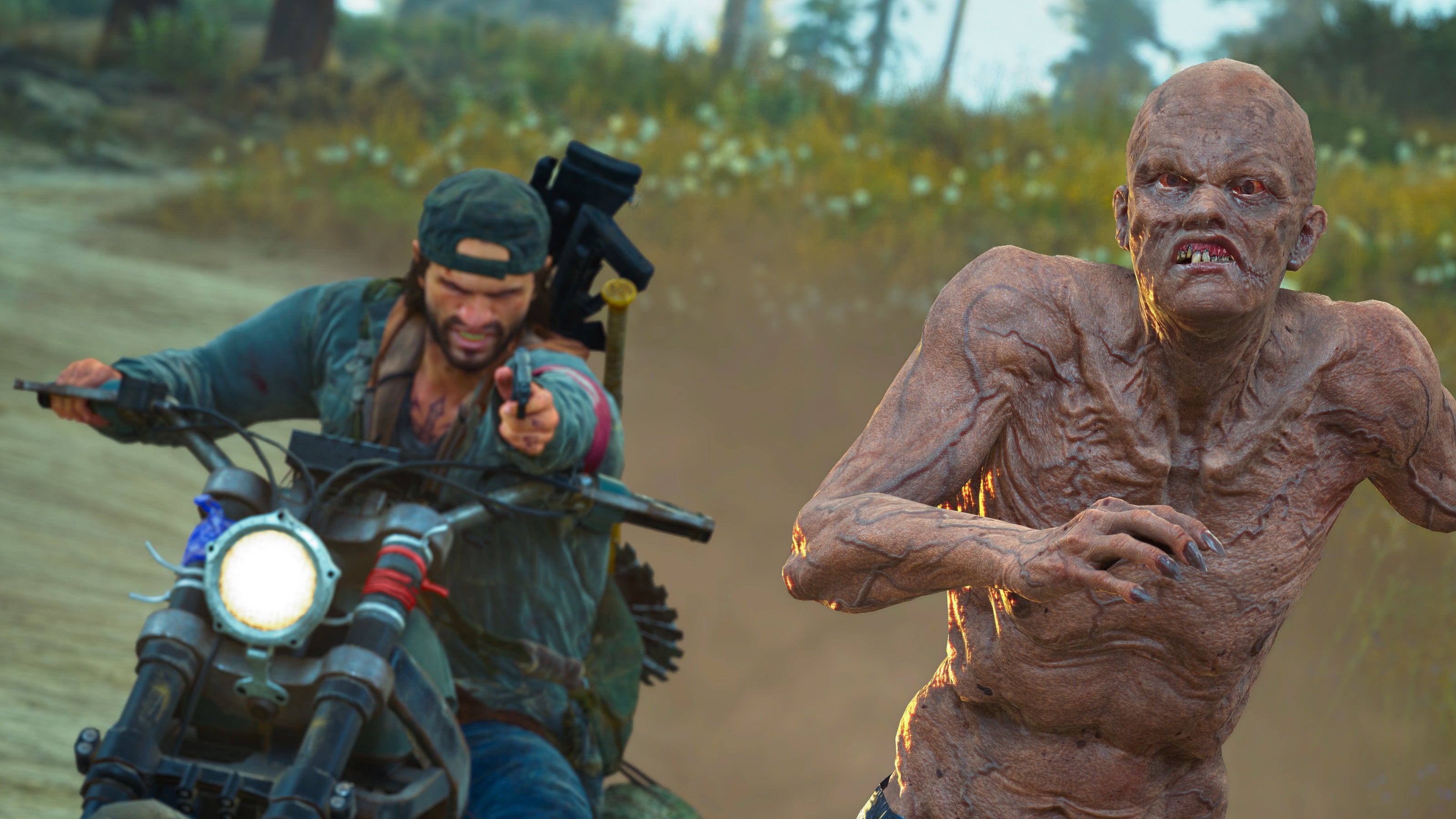 A man on a motorbike aims his pistol at a zombie in a Days Gone screenshot.