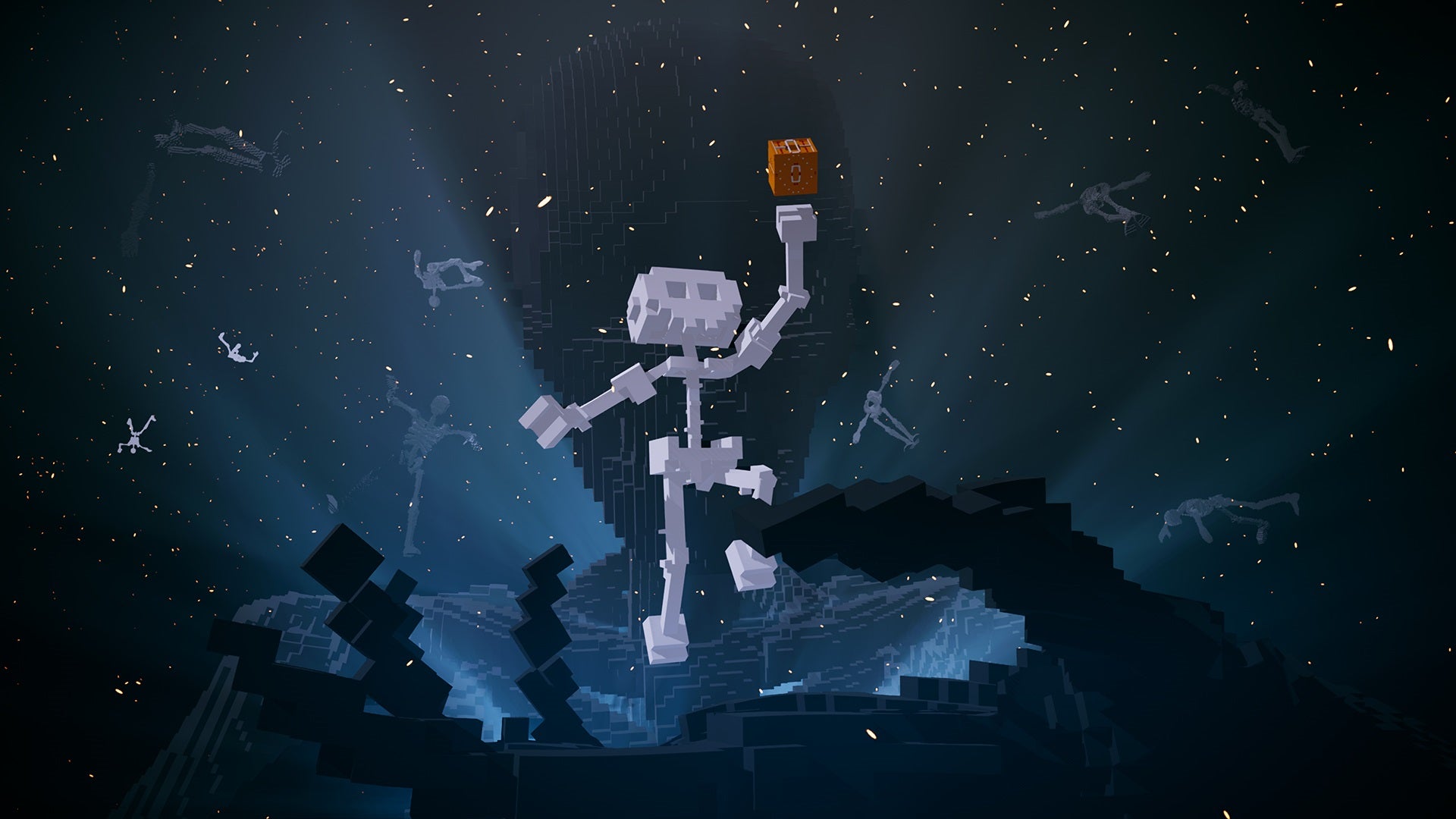 A skeleton person jumps into the sky holding a gold block in De-Exit.