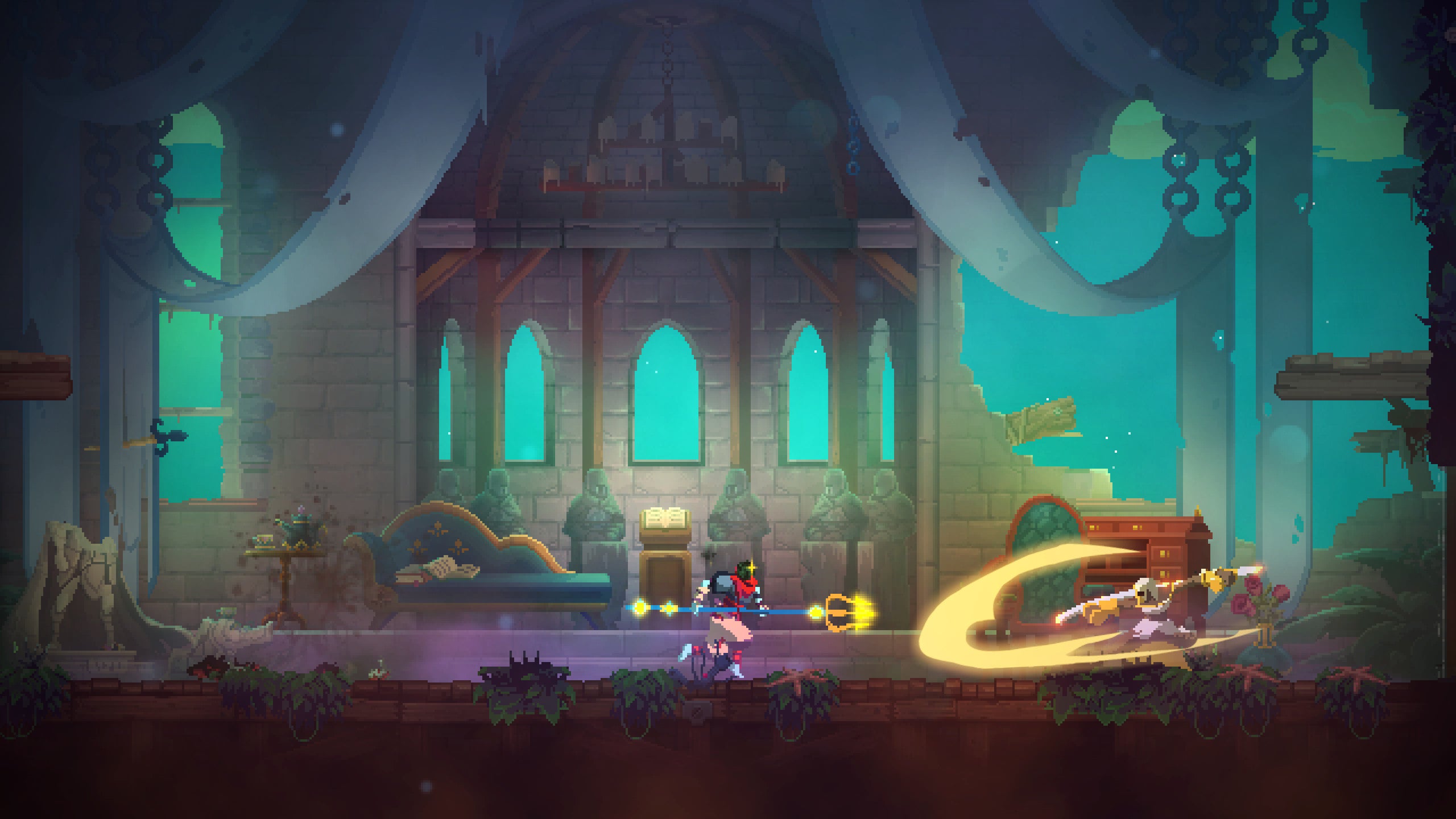 A screenshot of Dead Cells' Queen And The Sea DLC showing the player wielding a trident.