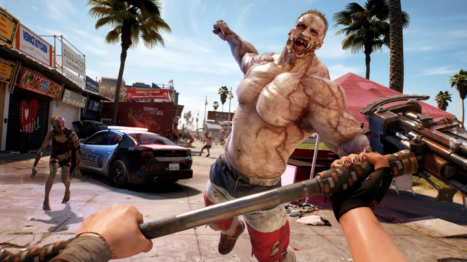 Un zombi grande y musculoso ataca al jugador en Dead Island 2