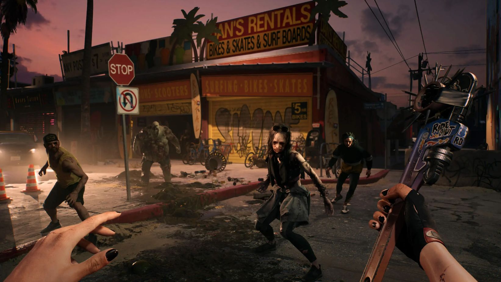 Игрок В Dead Island 2 С Гаечным Ключом Стоит На Углу Улицы Лицом К Орде Зомби.