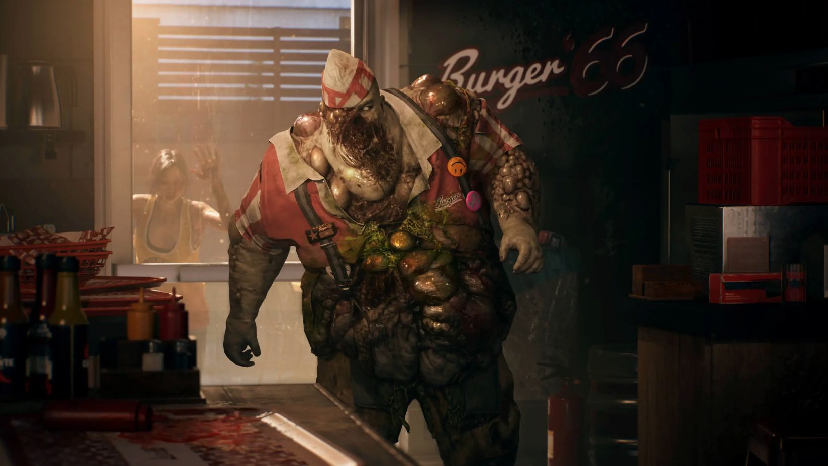 A bloated zombie from Dead Island 2, covered in what seem to be pustules, stands in the back of a burger restaurant, still wearing part of the uniform