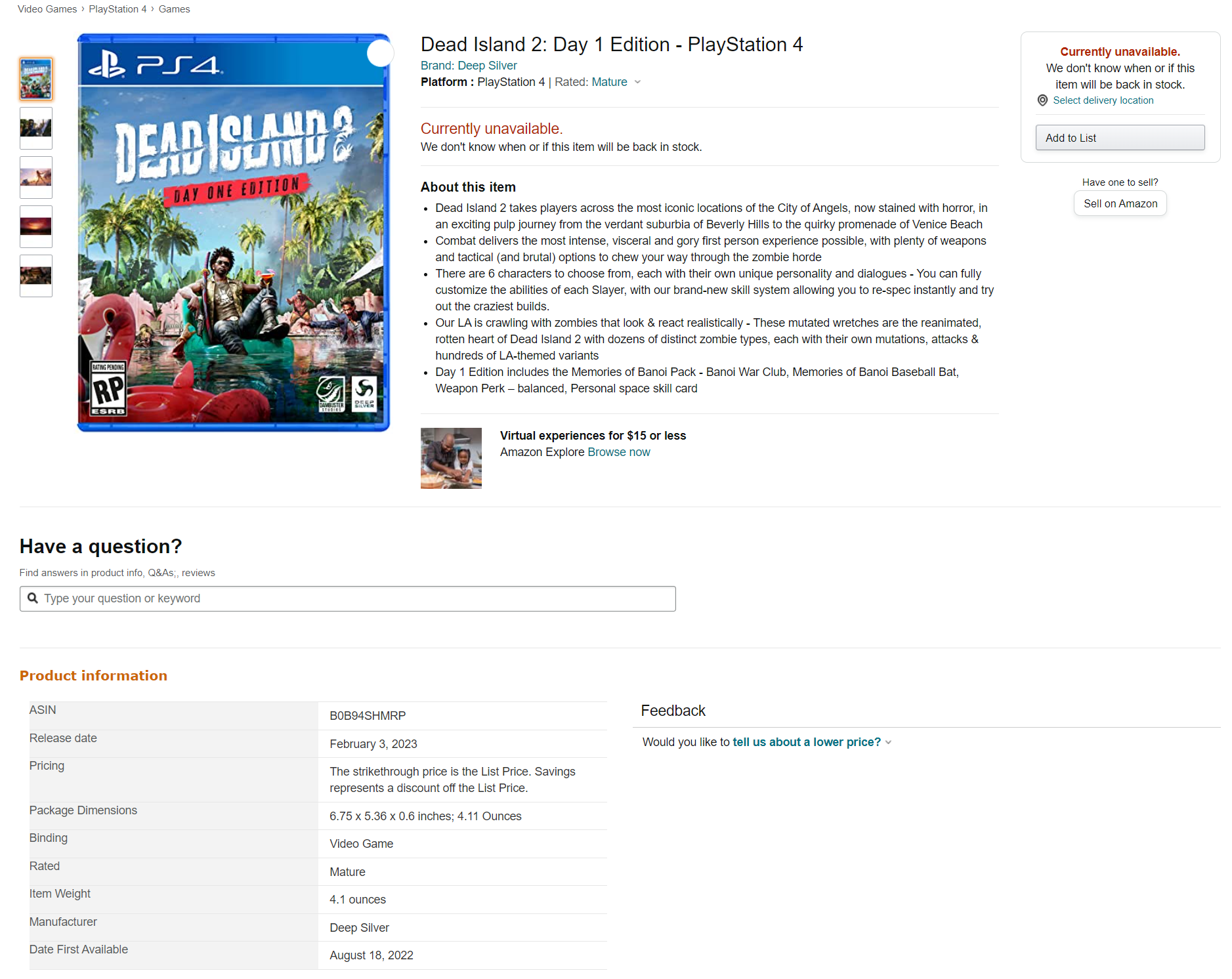 The leaked Amazon product listing for Dead Island 2