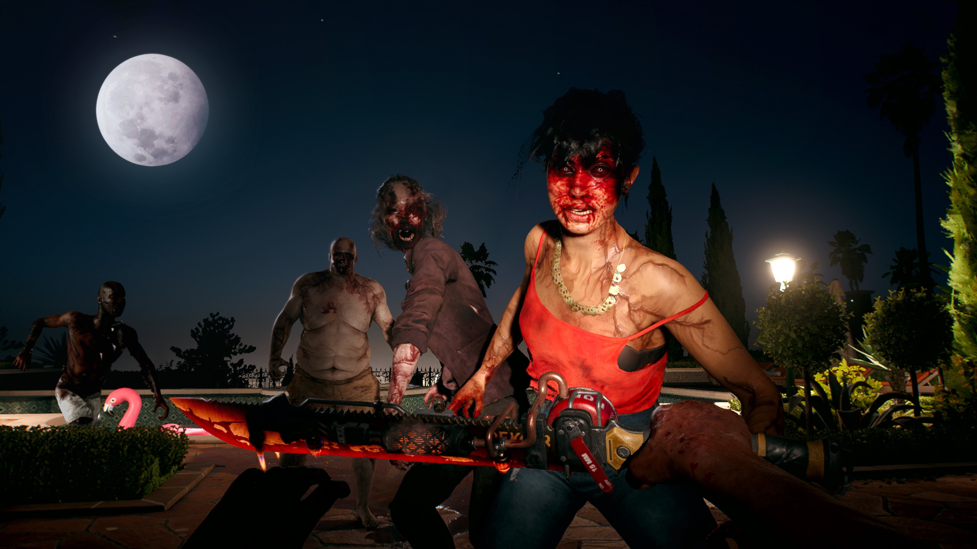 A group of bloodstained zombies advance on the player in Dead Island 2, who is holding a flame-augmented machete, under the full moon