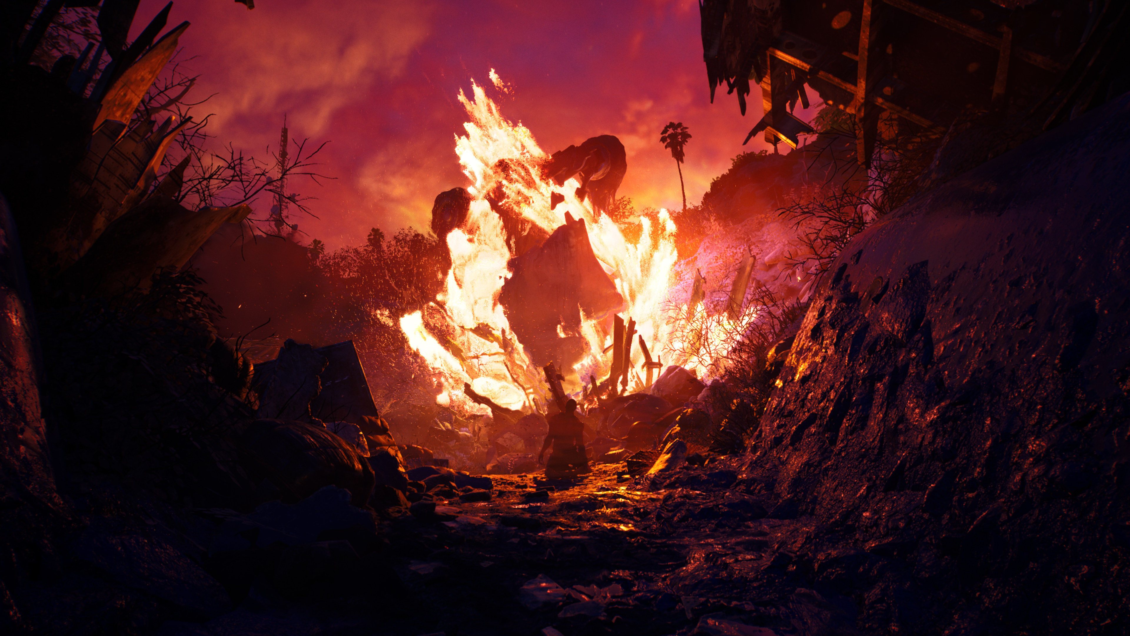 A huge chunk of flaming airplane wreckage in a crash site in Dead Island 2