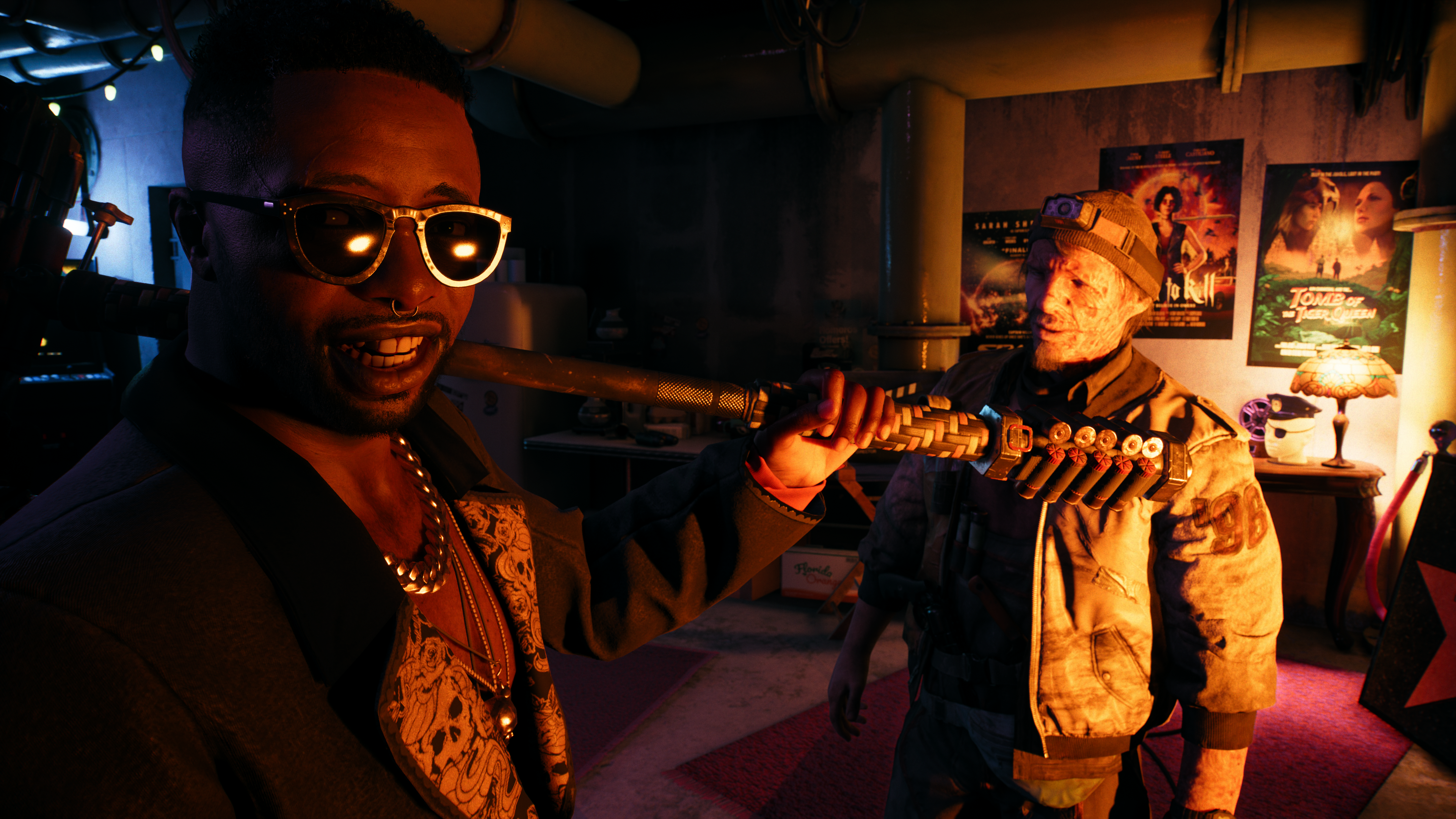 It's Sam B from Dead Island, now in Dead Island 2! He's in a very good mood and is holding a big hammer over his shoulder