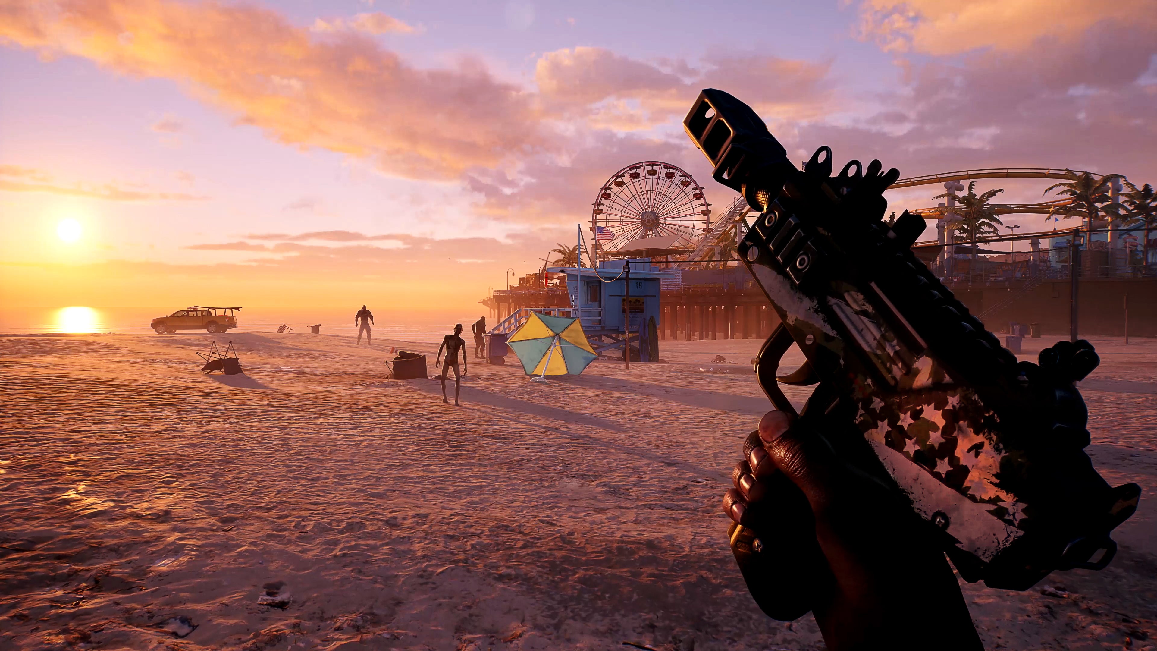 Corriendo por la playa en Dead Island 2, sosteniendo una ametralladora para disparar a los zombis