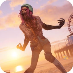 A zombie wearing a biker's helmet stands on the beach in Dead Island 2.