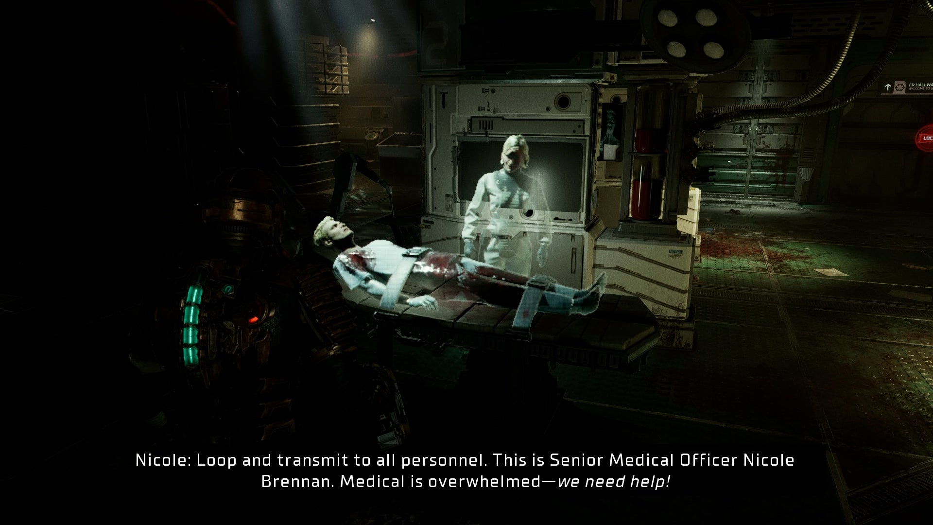 Isaac watches a holographic video in Dead Space