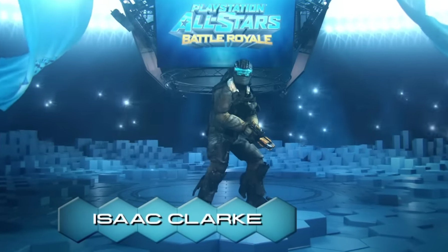 A screenshot showing Isaac from Dead Space as a chosen player character in PlayStation All Stars