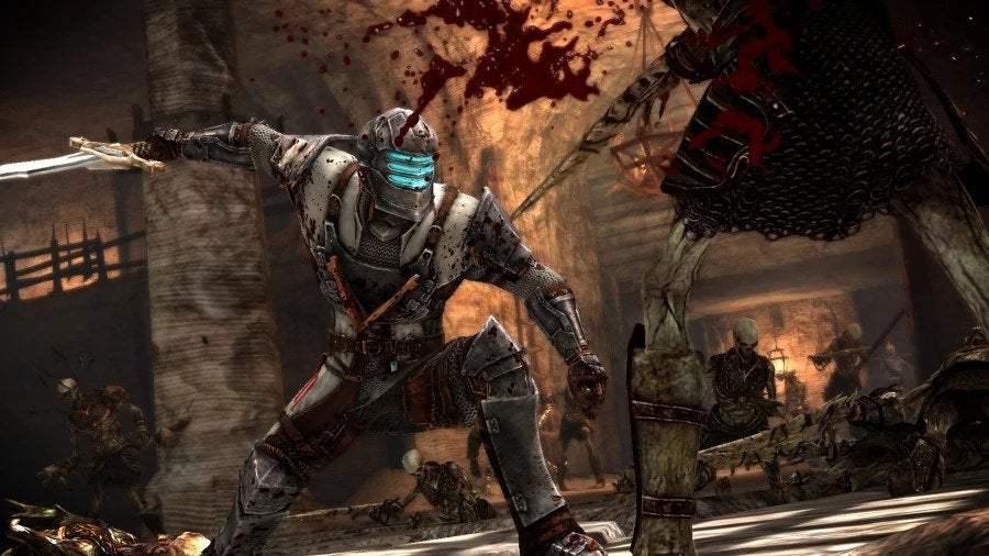 Dead Space's Isaac Clarke in knights armor slashing through an enemy in Dragon Age 2