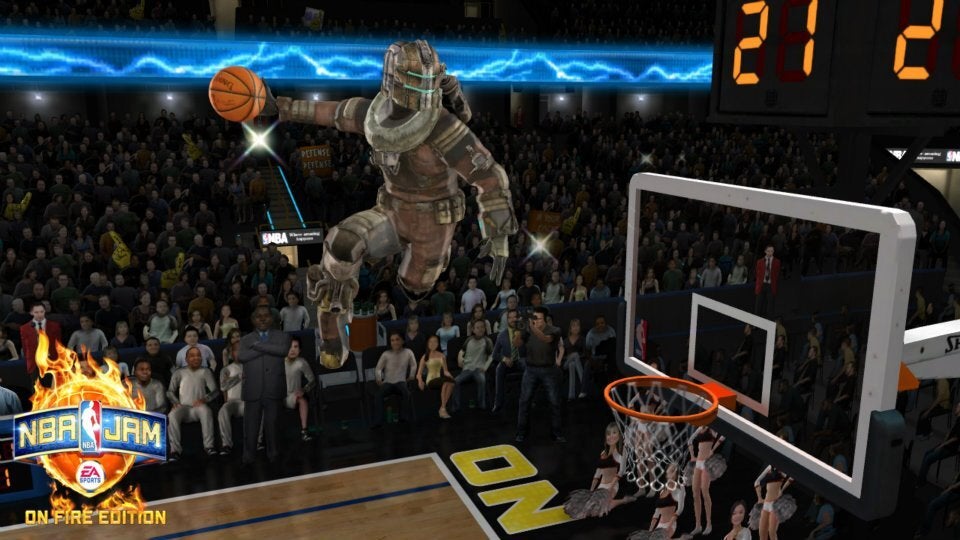 Isaac from Dead Space is in mid-air preparing to dunk a basketball