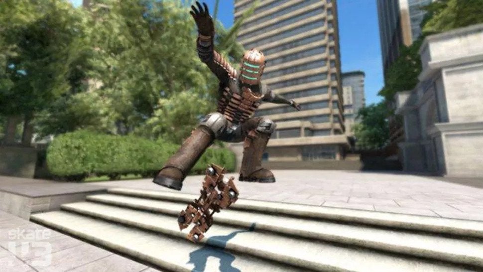 Isaac from Dead Space is going a kickflip on a skateboard in Skate 3