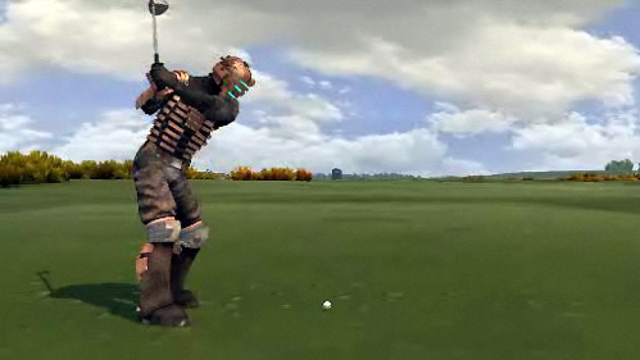 Isaac from Dead Space winds up his golf swing on a green golf course in Tiger Woods PGS tour