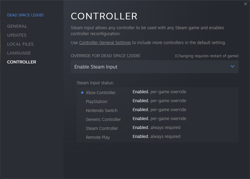 Enabling Steam custom controller profiles to fix dead zone problems for Dead Space.