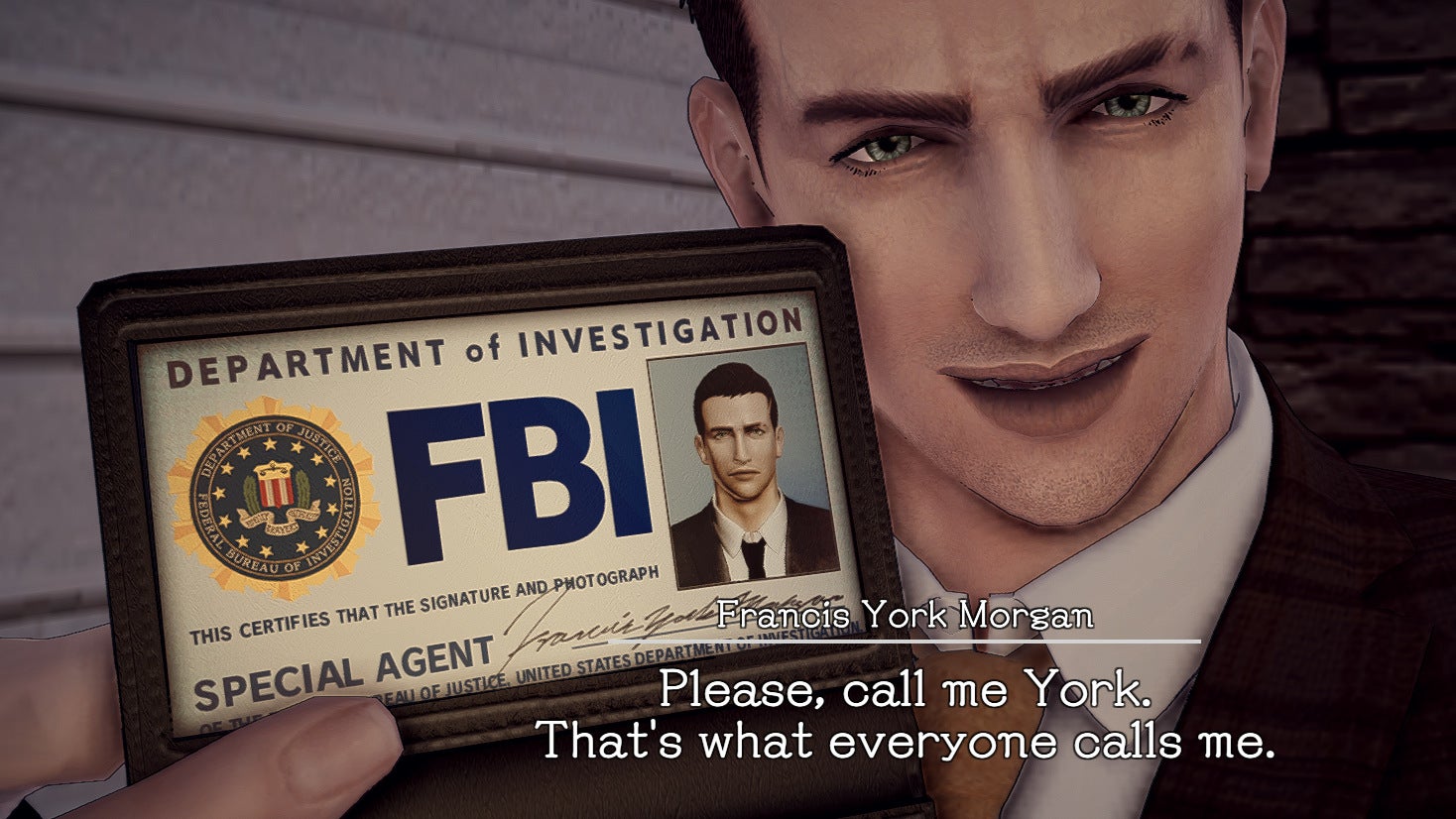 York holds up his FBI badge in a Deadly Premonition 2 screenshot.