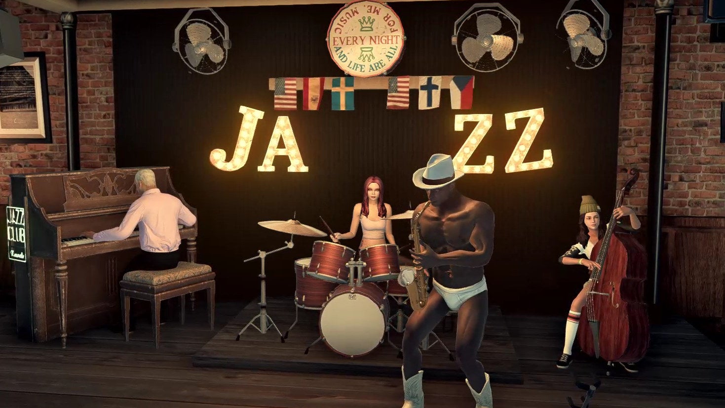 A cowboy in underpants leads a jazz band in a Deadly Premonition 2 screenshot.