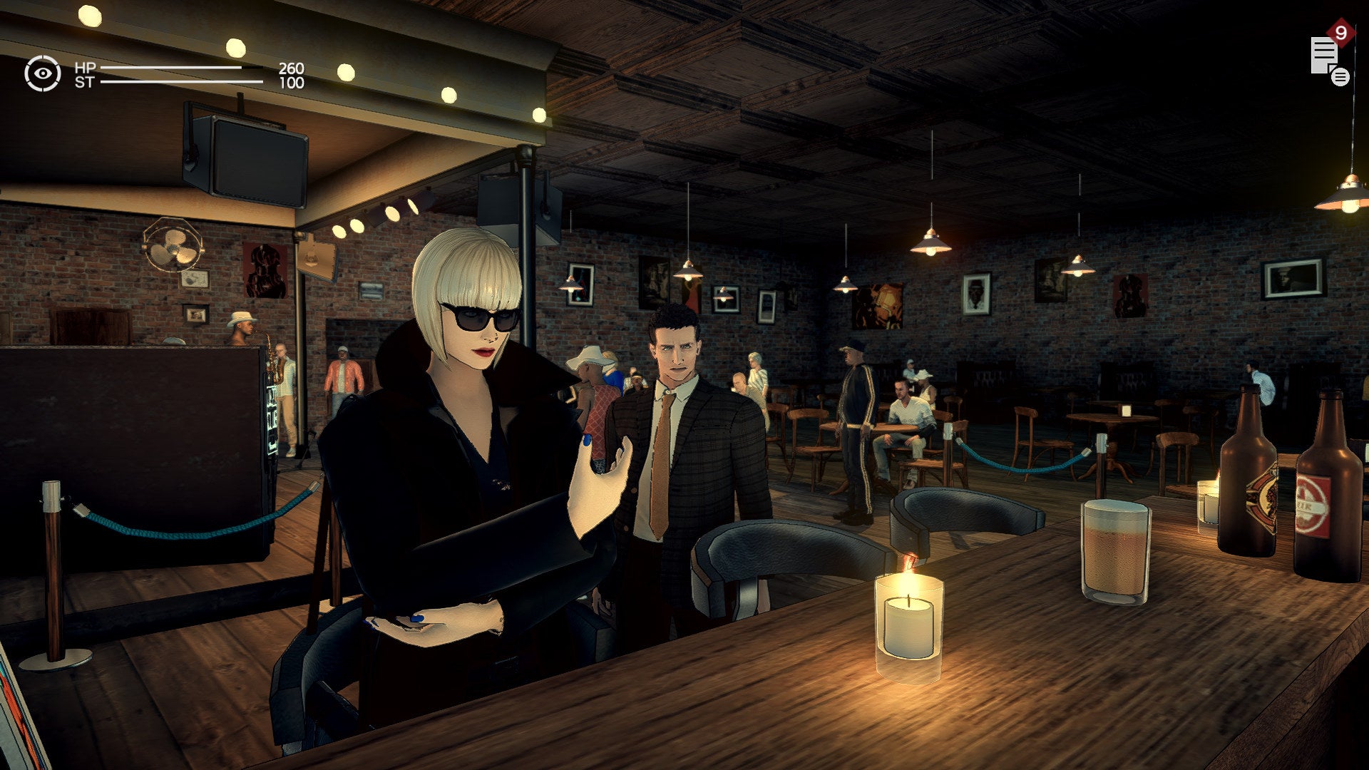 York stands behind Professor R at the bar in a Deadly Premonition 2 screenshot.