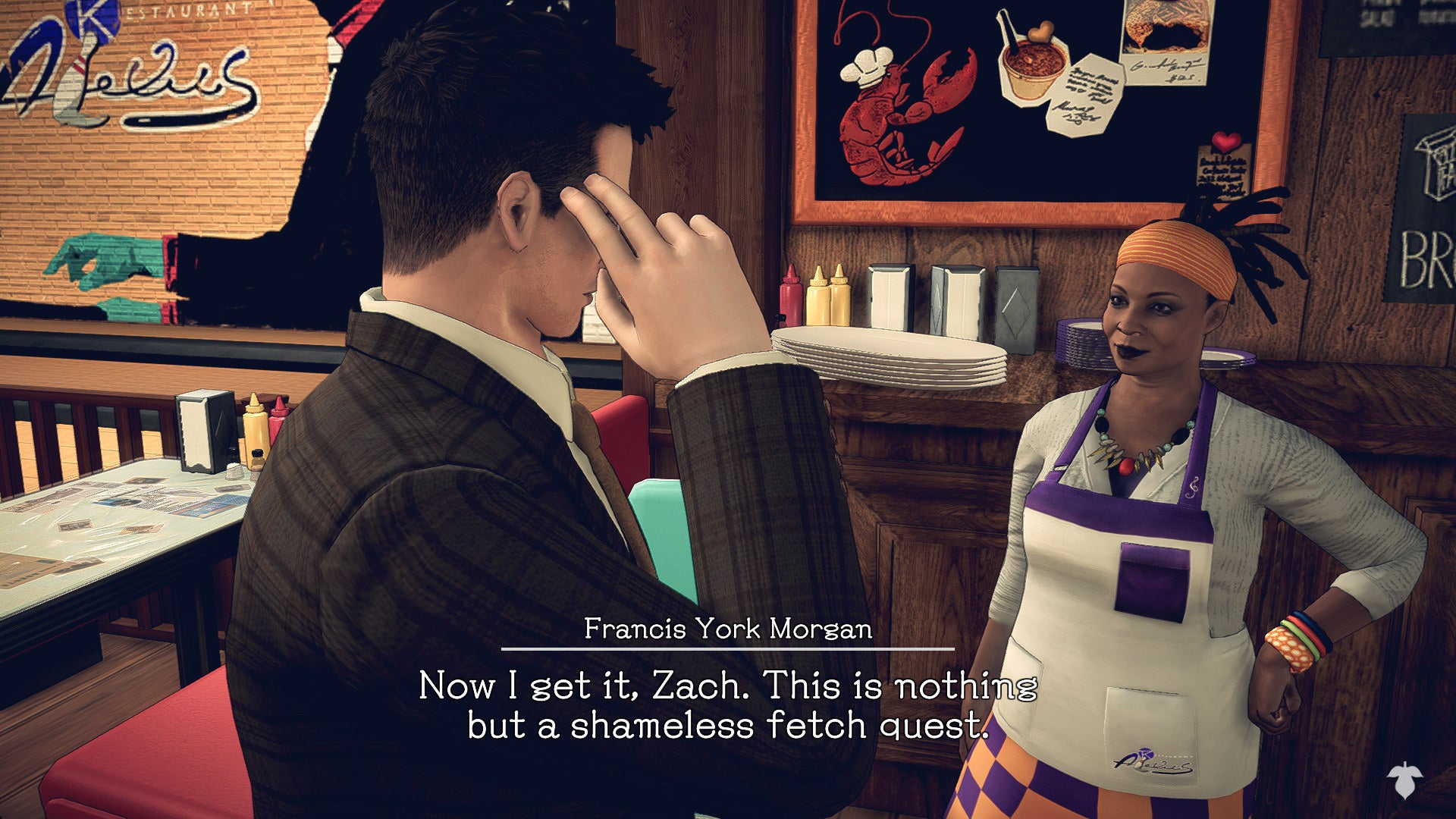 York saying 'This is nothing but a shameless fetch quest' in a Deadly Premonition 2 screenshot.