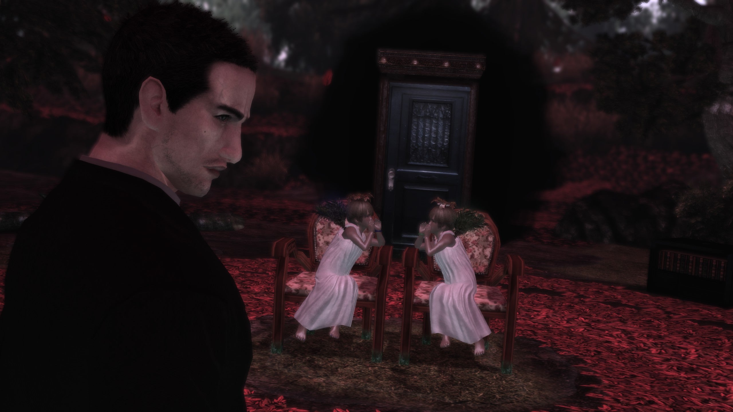 Weird twins whispering in a Deadly Premonition screenshot.