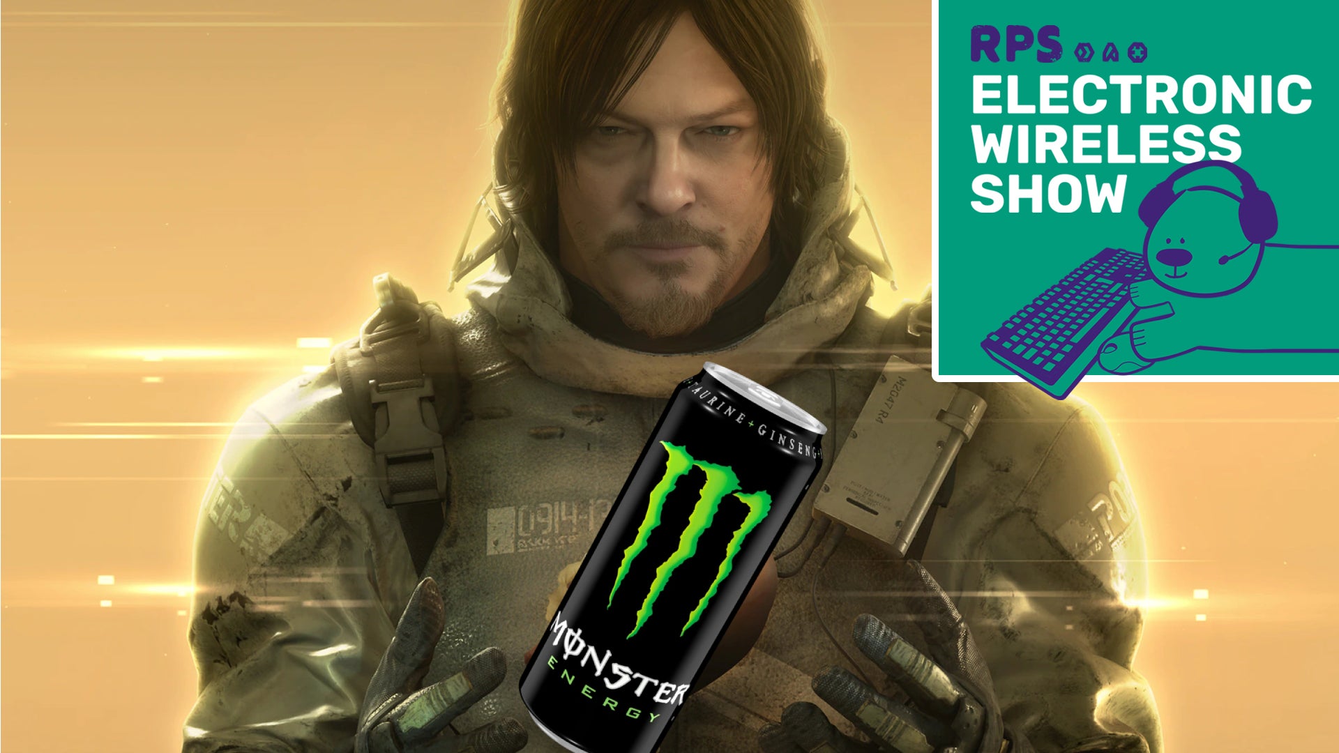 A screenshot of Norman Reedus's character Sam Porter Bridges from Death Stranding, looking at the camera with hands raised - but between those hands, instead of a baby, is a can of monster energy drink. The Electronic Wireless Show podcast logo is superimposed on the top right corner of the image