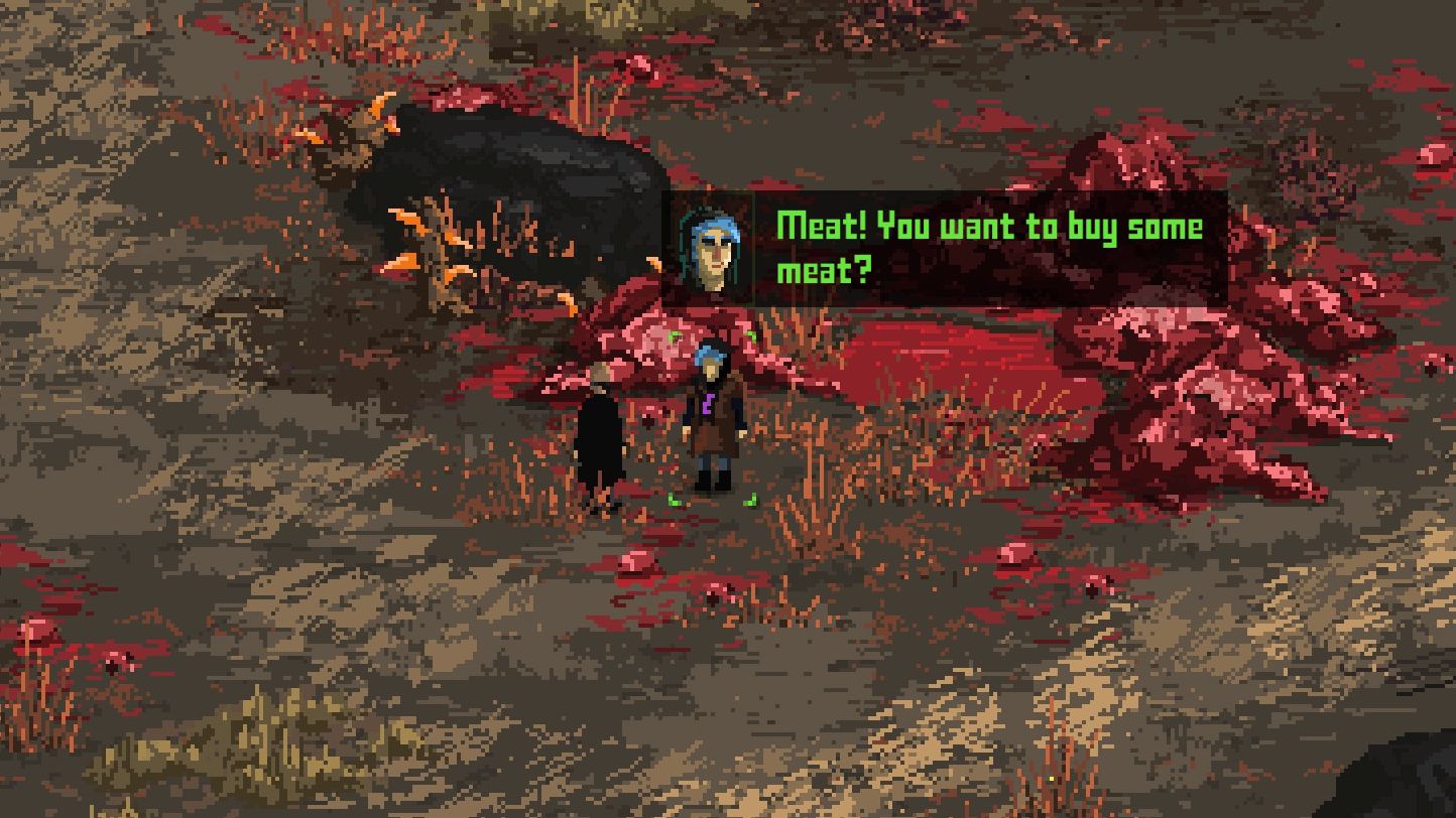 The player character in Death Trash speaks to a meat vendor, a blue-haired individual swathed in black clothes, who is standing in front of huge lumps of meat on the ground shouting "Meat! You want to buy some meat?"