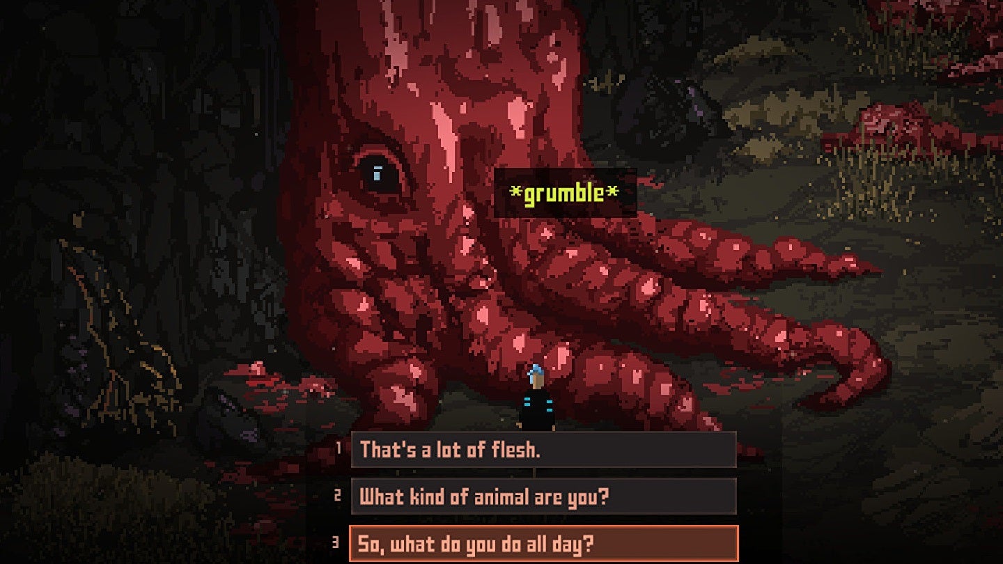 Talking with a giant meaty beast in a Death Trash screenshot.