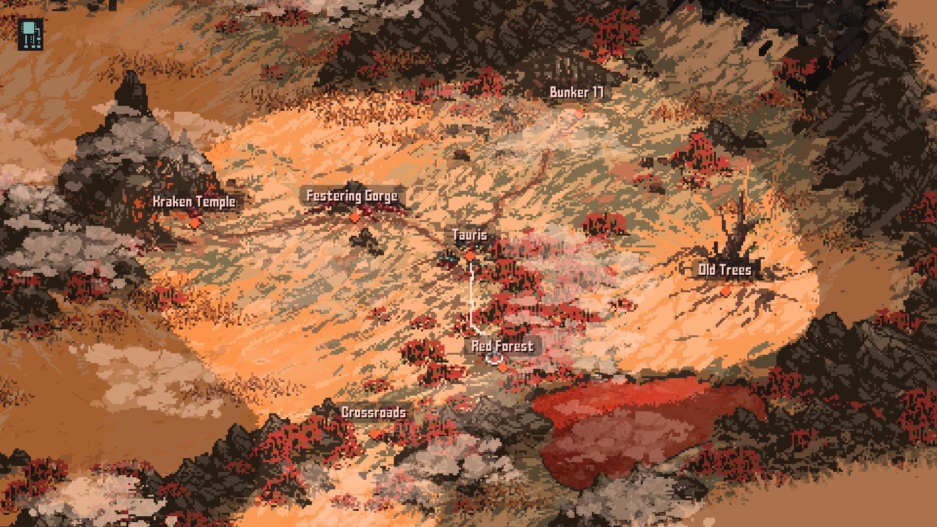 The world map of Death Trash. It has very few location markers, and is mostly yellow with patches of red