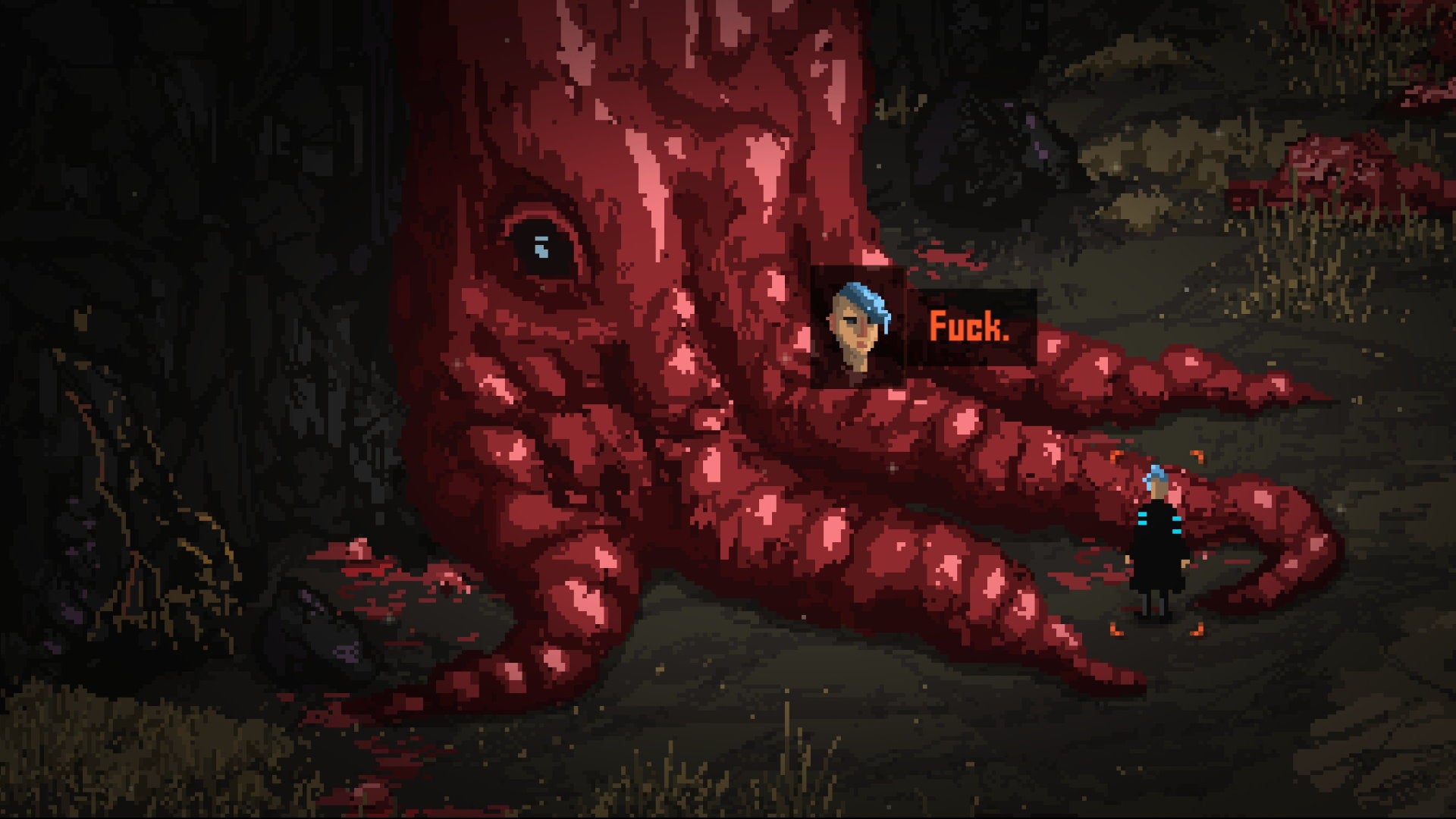 A small human says "Fuck," as they stand in front of a huge, tentacled meat monster in Death Trash