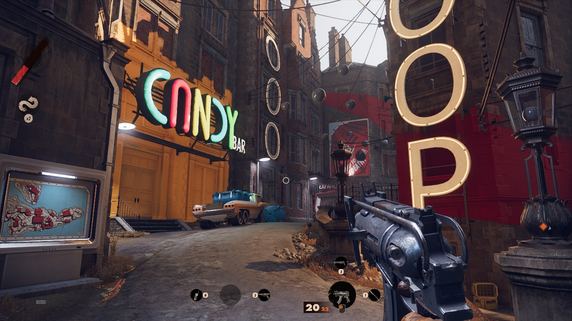 A screenshot of Deathloop running at 1080p, with Very High graphics and the FSR Ultra setting.