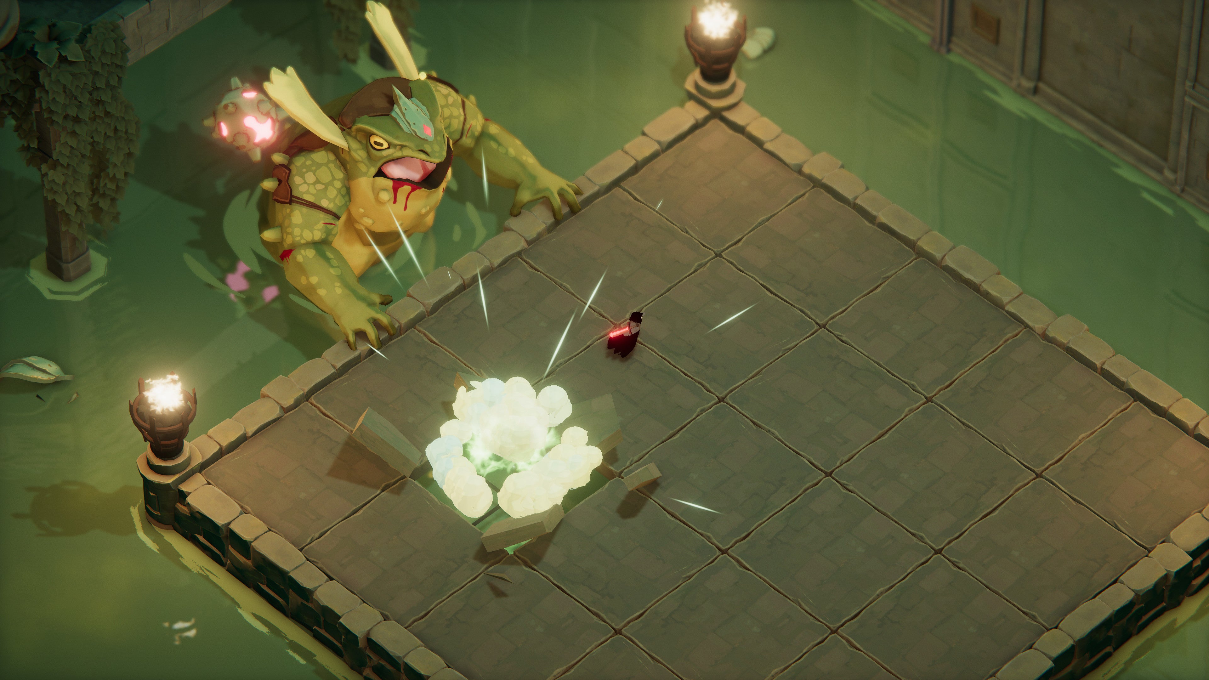 A screenshot of Death's Door showing a big frog man emerging from some water and seemingly smashing part of a platform being stood on by the player, who is a crow.