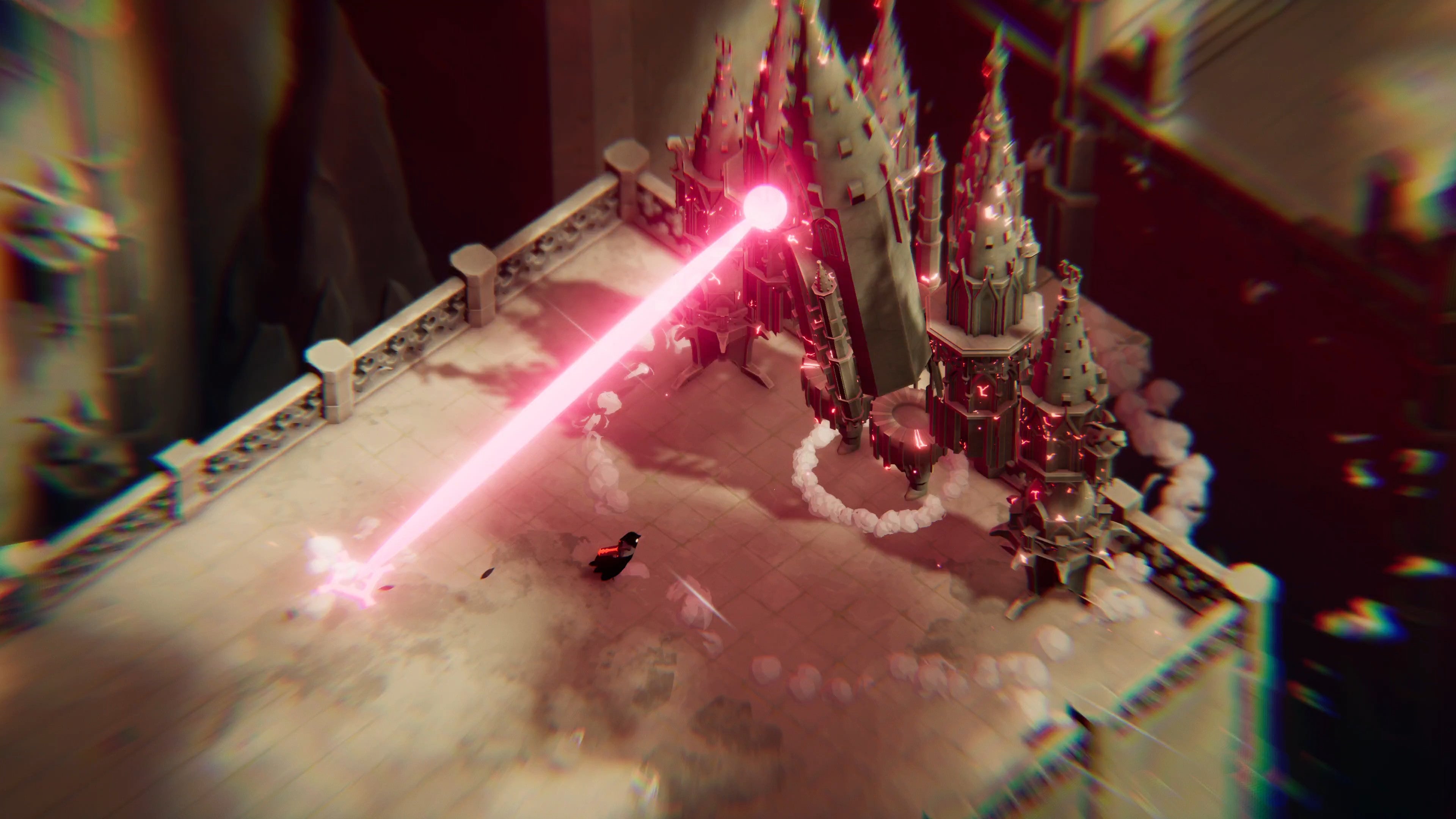 Death's Door - the crow protagonist runs from the pink laser being shot by a large boss enemy
