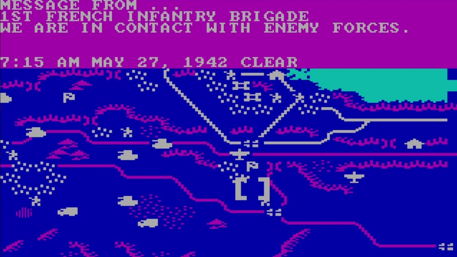 A very bright blue and magenta screenshot of 2D tanks trundling across a battlefield.
