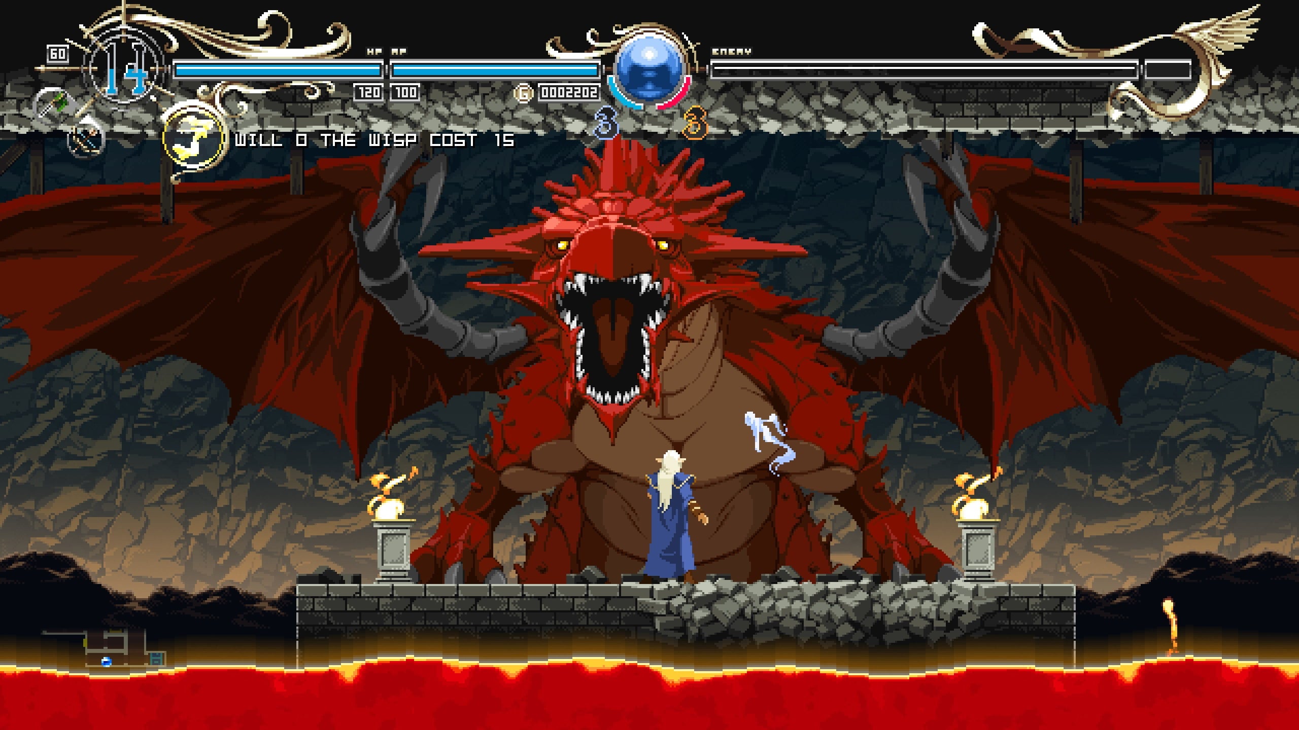 A red dragon roars at Deedlit in an underground cavern in Deedlit In Wonder Labyrinth