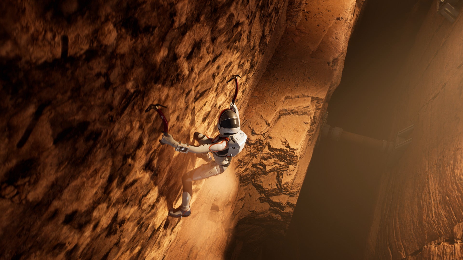 An astronaut uses pick axes to climb a dusty cliff face in Deliver Us Mars