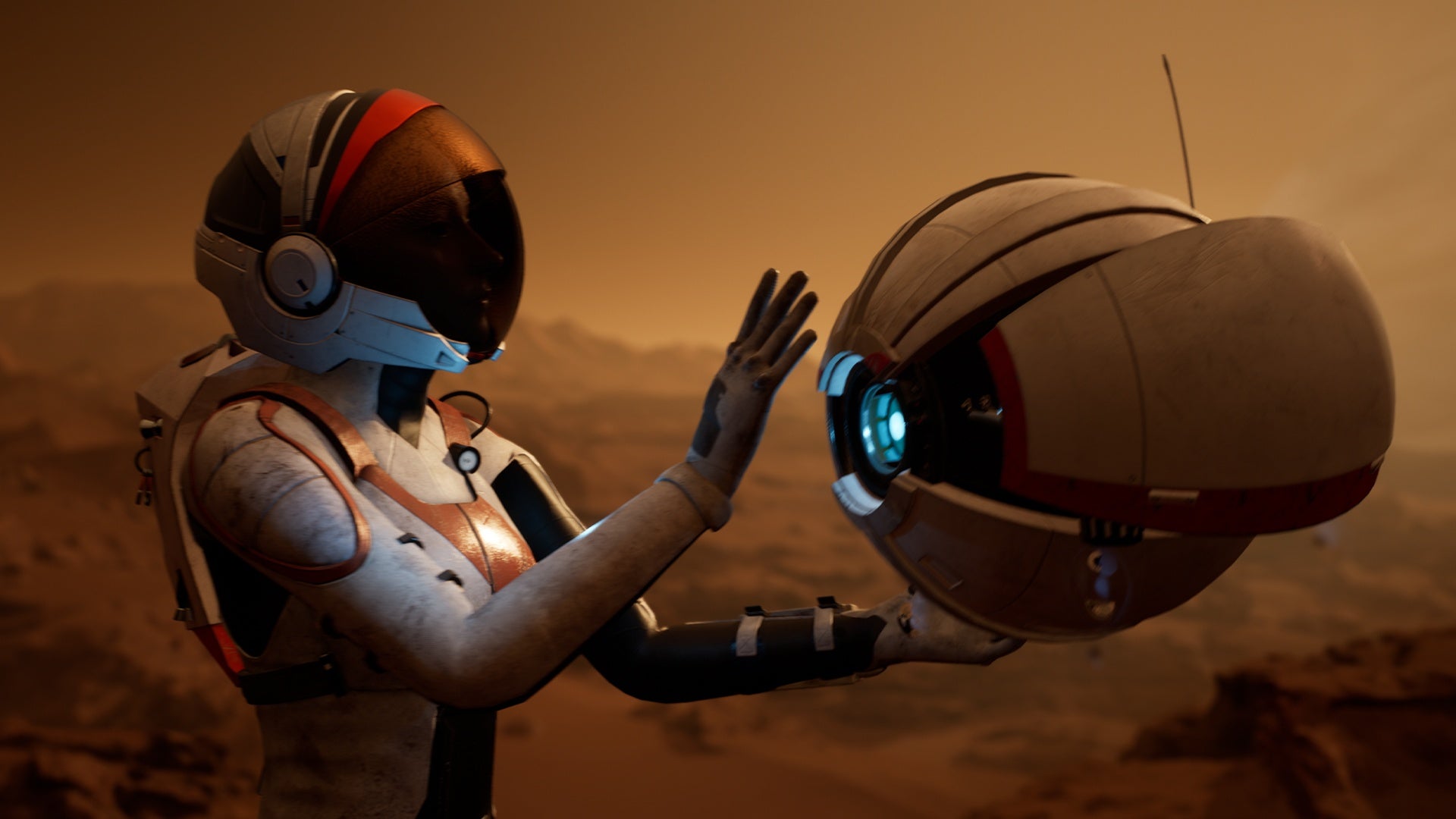 An image from Deliver Us Mars, showing a space helmeted lady holding, patting, catching a floating robot that looks a bit like a Portal personality core.