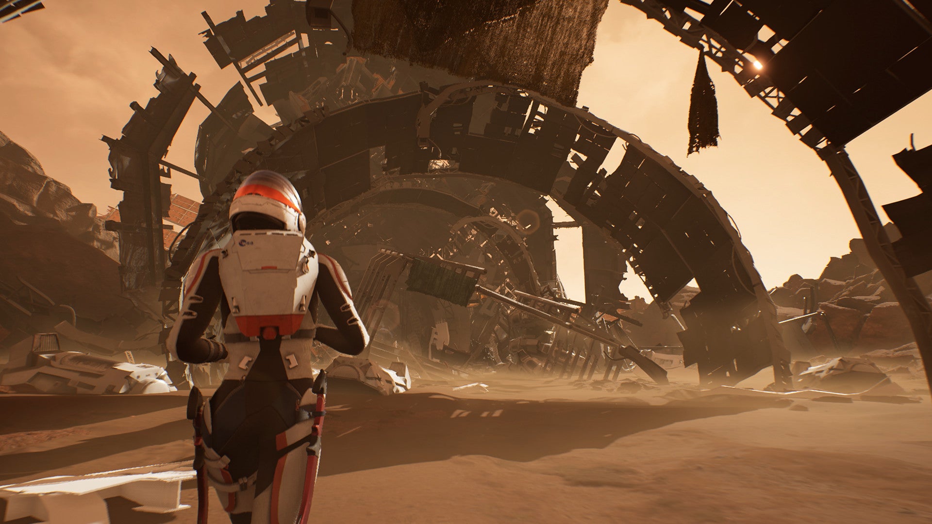 An astronaut runs into the belly of a ruined space ship in Deliver Us Mars