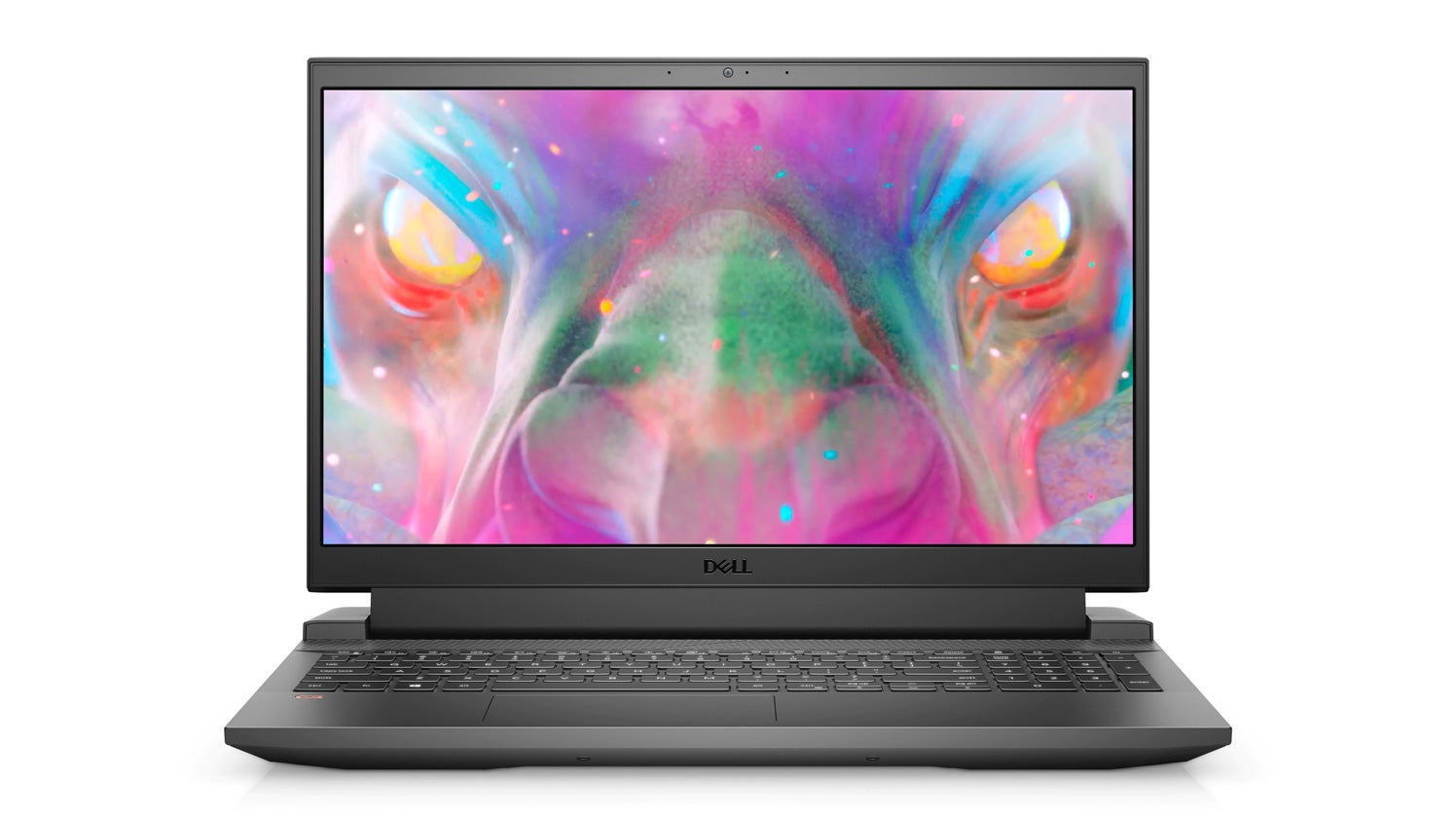 a photo of the dell g15 gaming laptop with a funky space alien on it or something