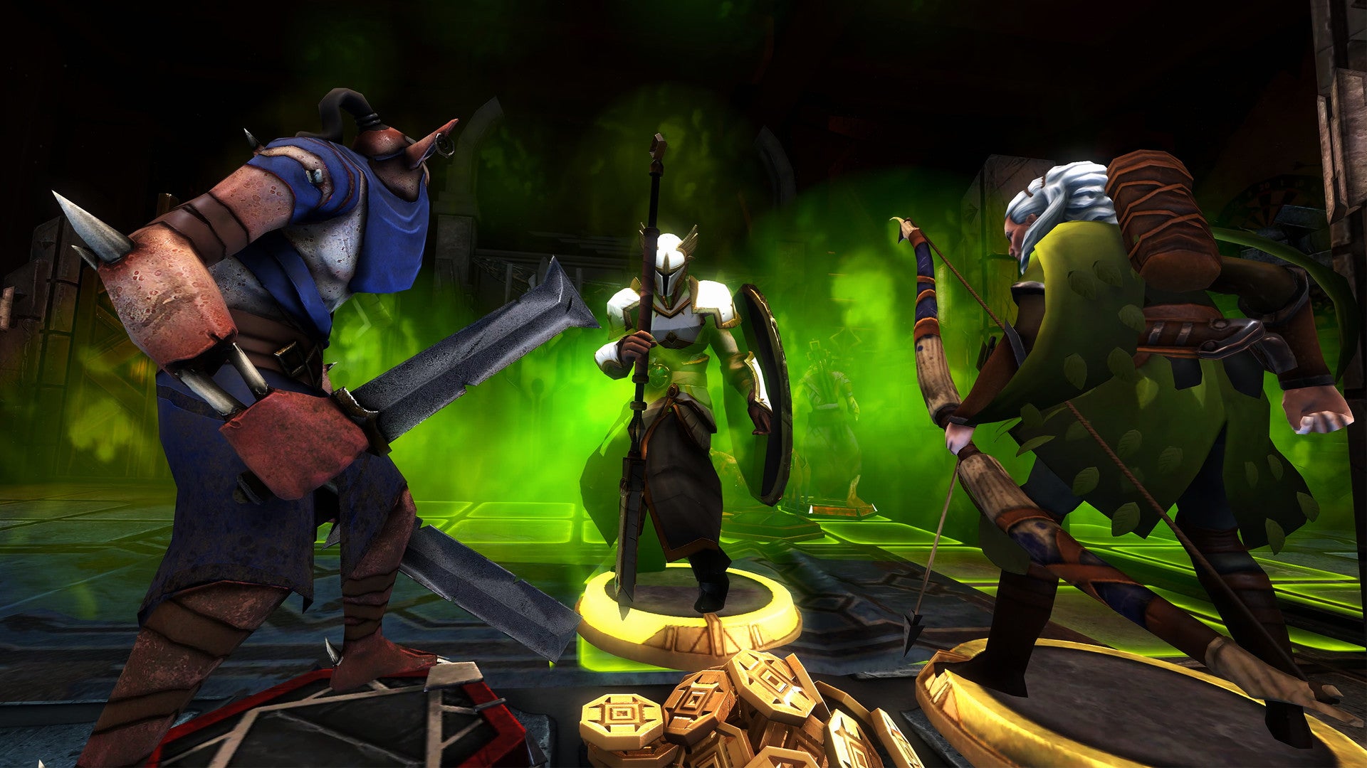 Three player character miniature figures in Demeo are gathered around a pile of gold coins