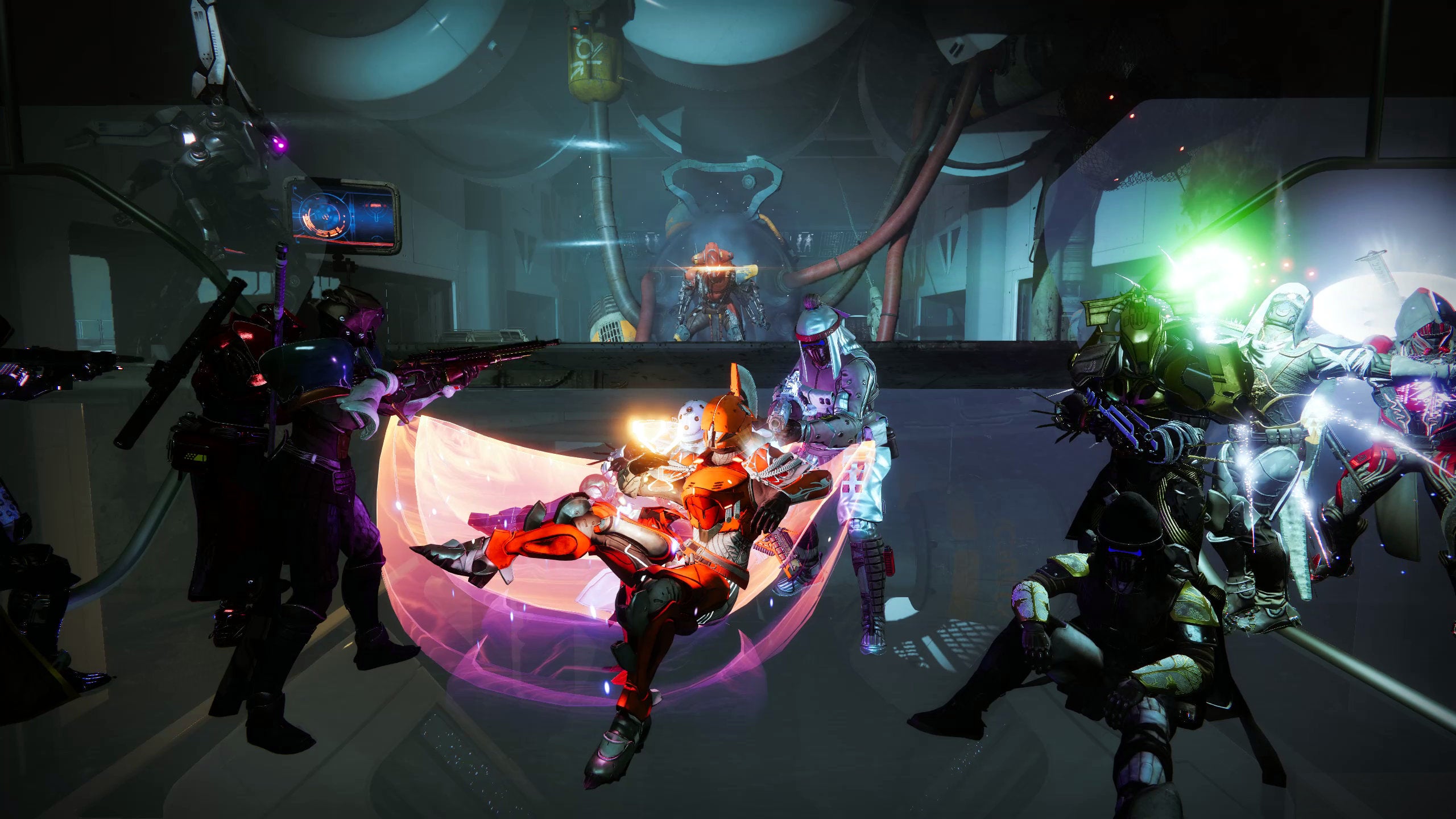 Too many Rangers pose in front of Attracts-1 and Taniks in the Destiny 2 raid on Deep Stone Crypt, using the 12-person glitch.
