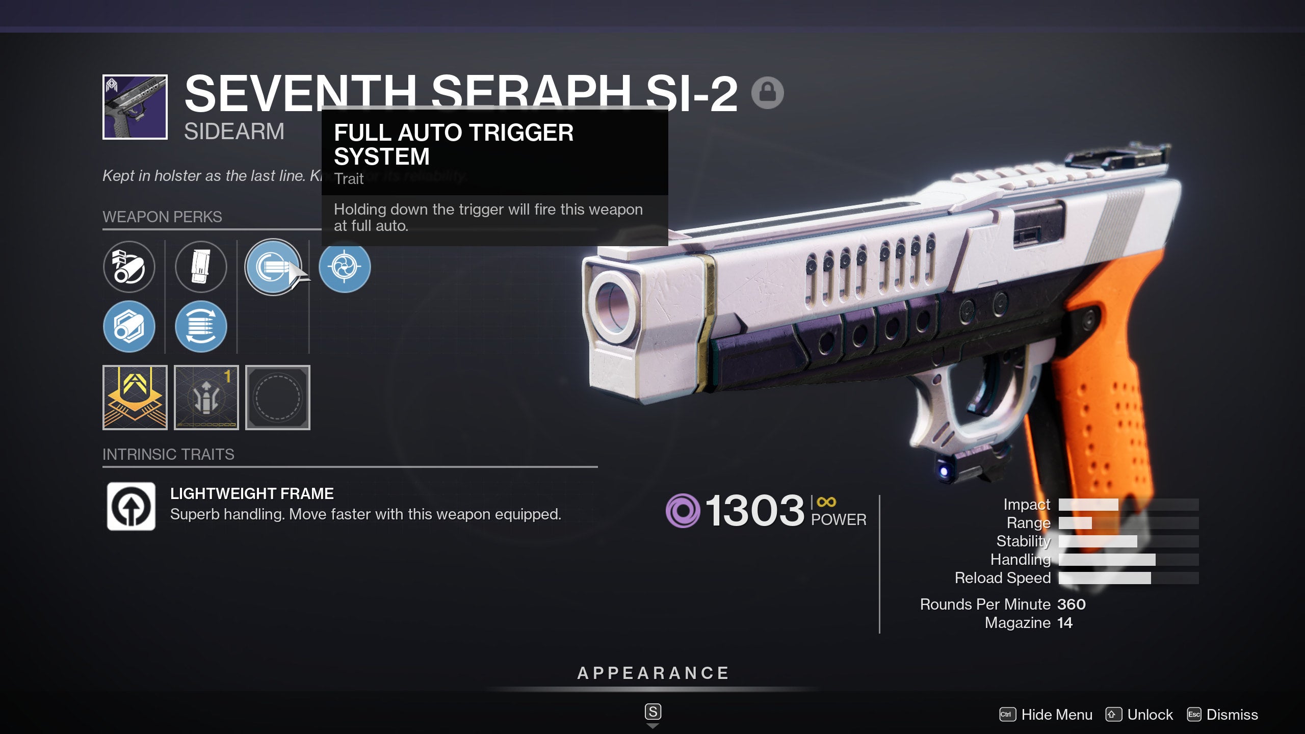 A screenshot of Destiny 2's Seventh Seraph SI-2, with the Full Auto Trigger System perk.