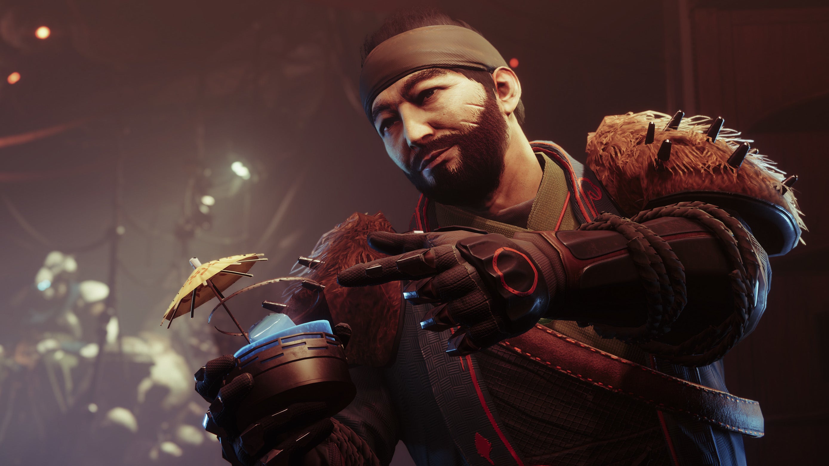 Drifter raises a tropical cocktail (complete with umbrella) in a Destiny 2: Season of Plunder screenshot.