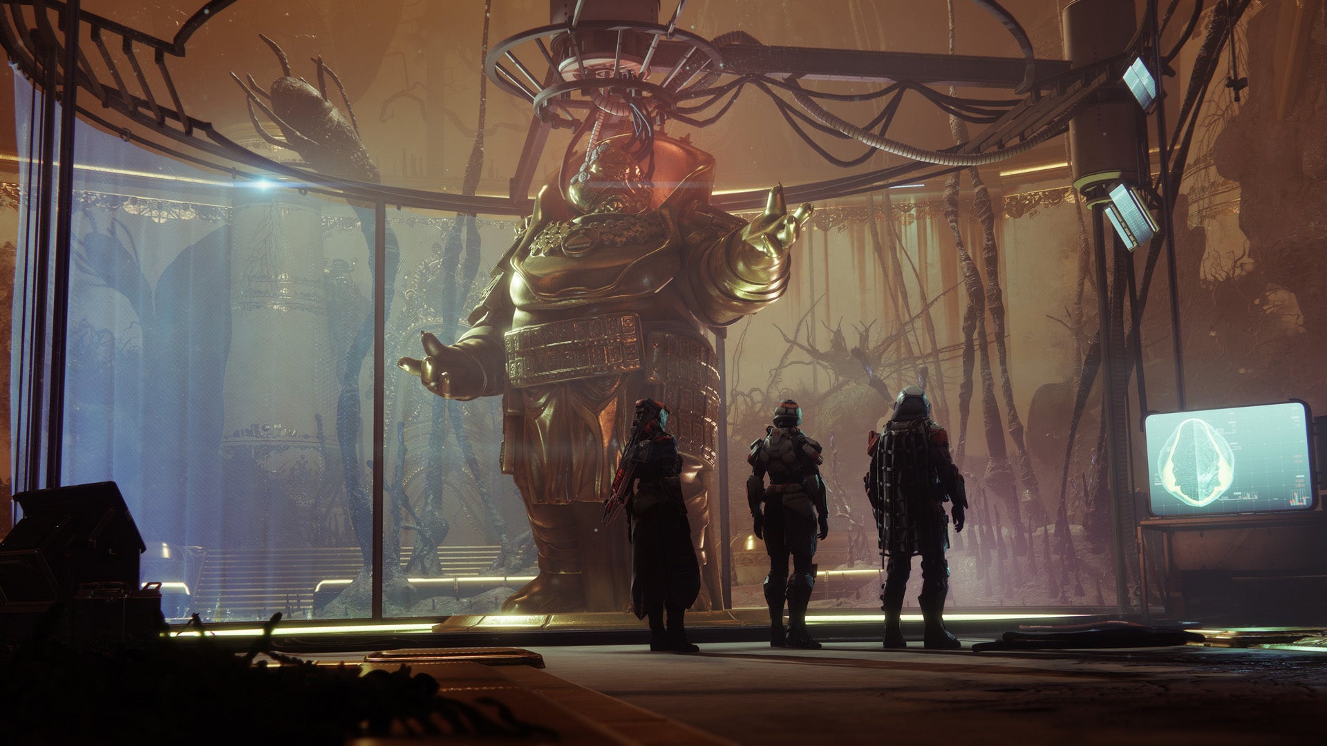 A deposed Emperor Calus, hooked up to a mind-machine, looks down upon three Guardians.