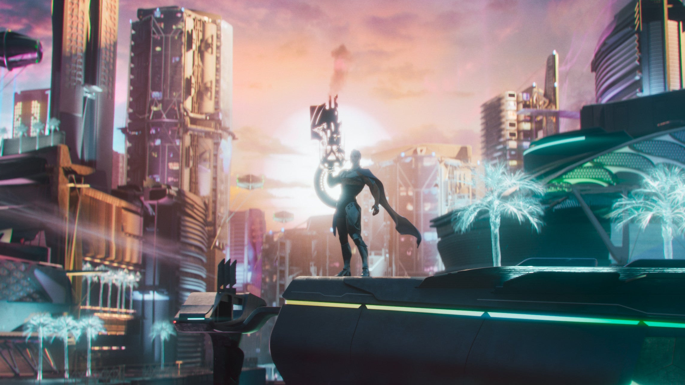 Nimbus stands in a neon Neptunian megacity in Destiny 2: Lightfall's cinematic trailer.