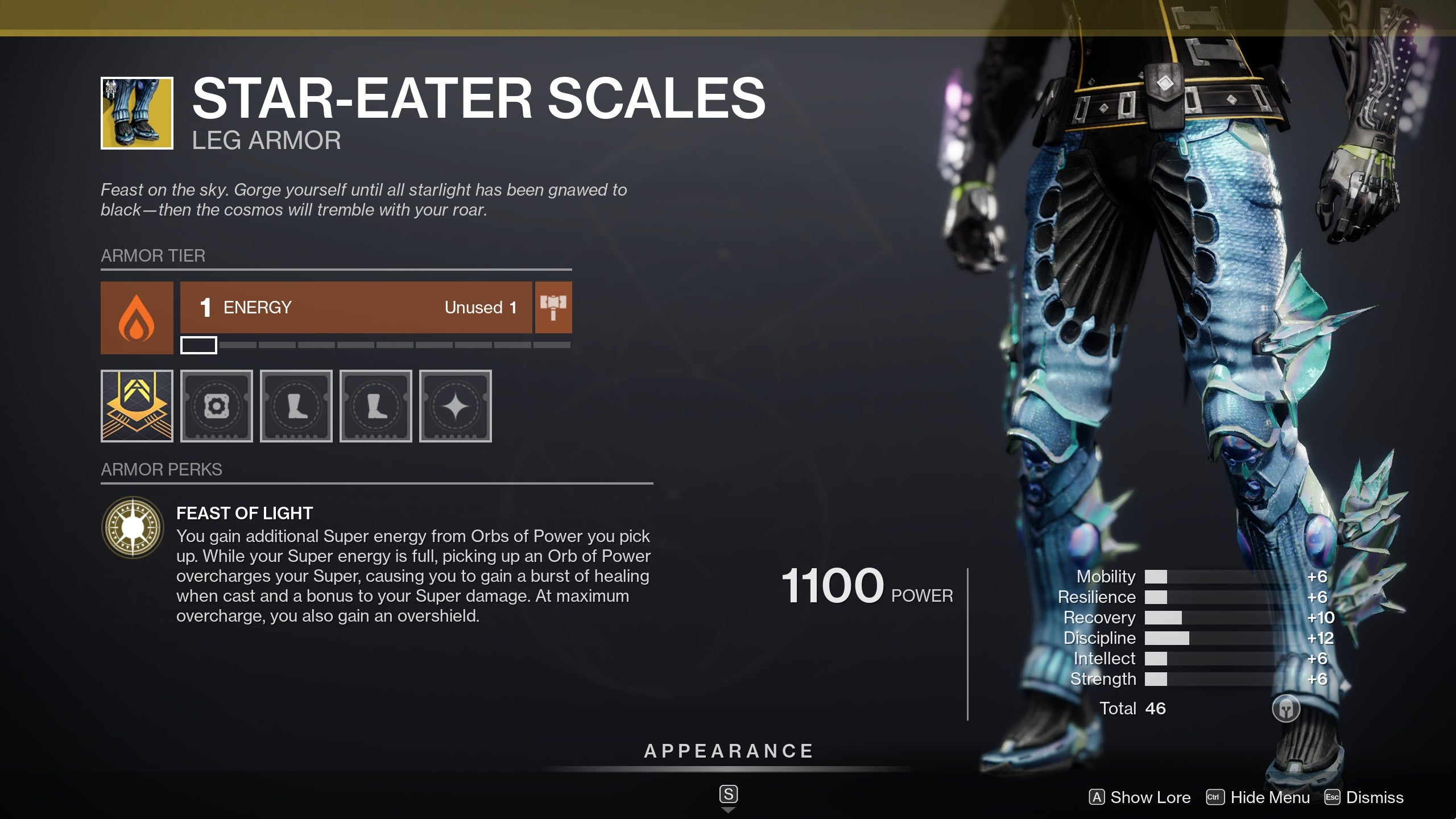 A Destiny 2 inventory screenshot of the Star-Eater Scales trousers.