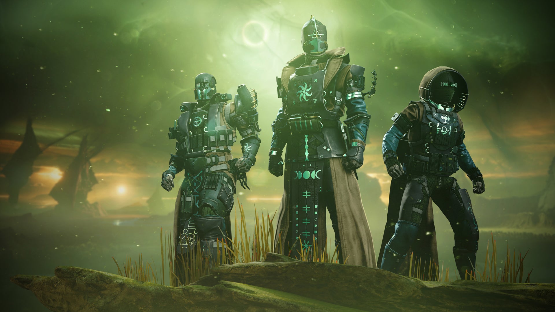 A Titan, Warlock, and Hunter in Destiny 2: The Witch Queen's new armour.